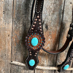 Dark Oil Floral Copper Dot Turquoise Cabochon Browband / Breastcollar #BBBC508 - RODEO DRIVE