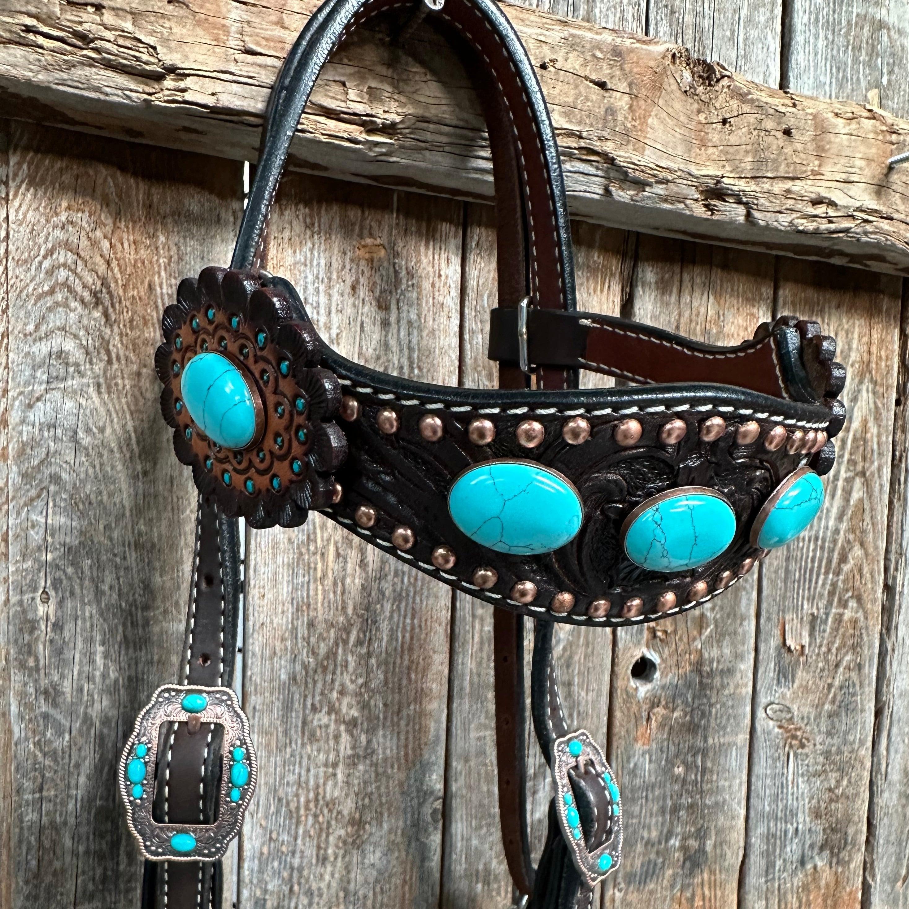 Dark Oil Floral Copper Dot Turquoise Cabochon Browband / Breastcollar #BBBC508 - RODEO DRIVE