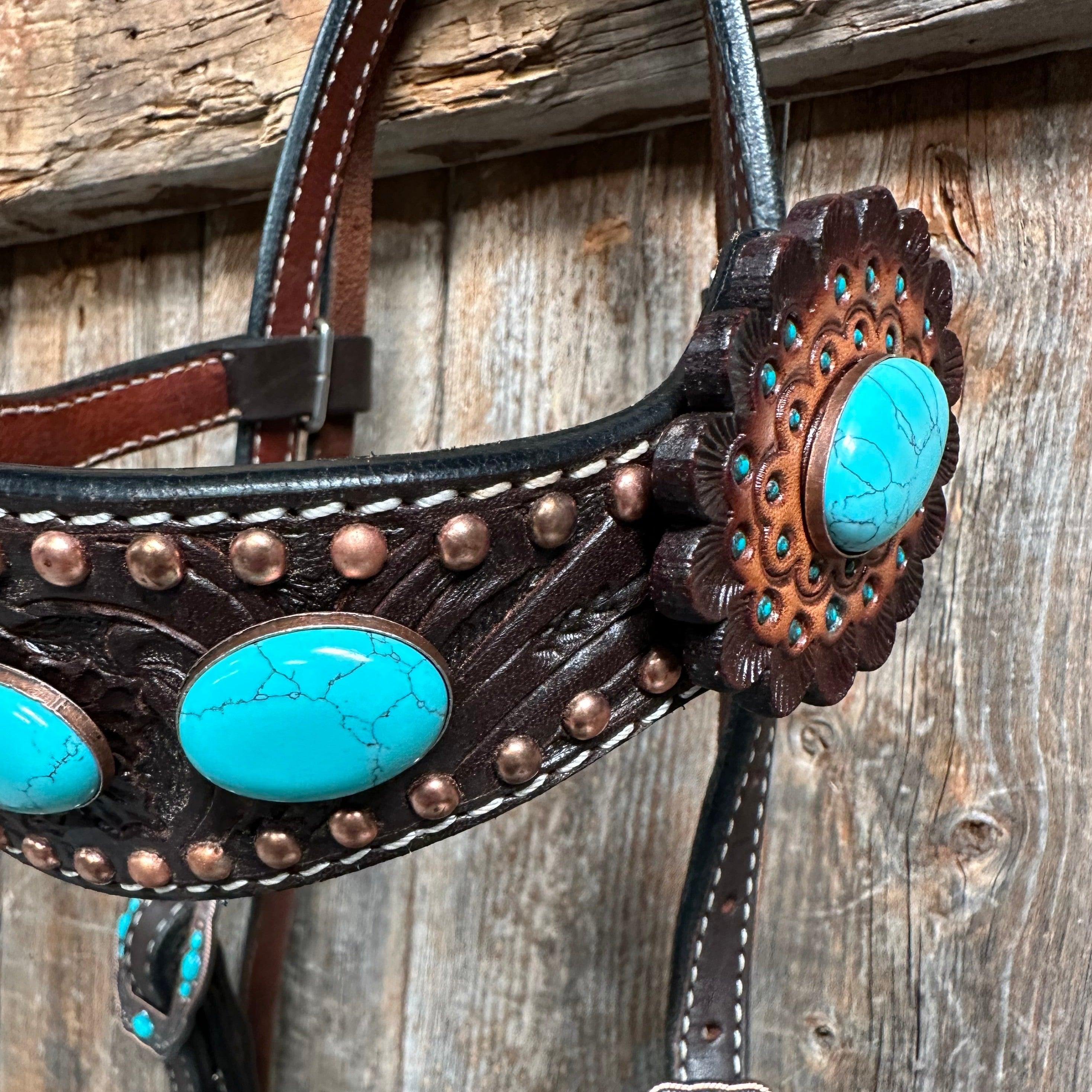 Dark Oil Floral Copper Dot Turquoise Cabochon Browband / Breastcollar #BBBC508 - RODEO DRIVE