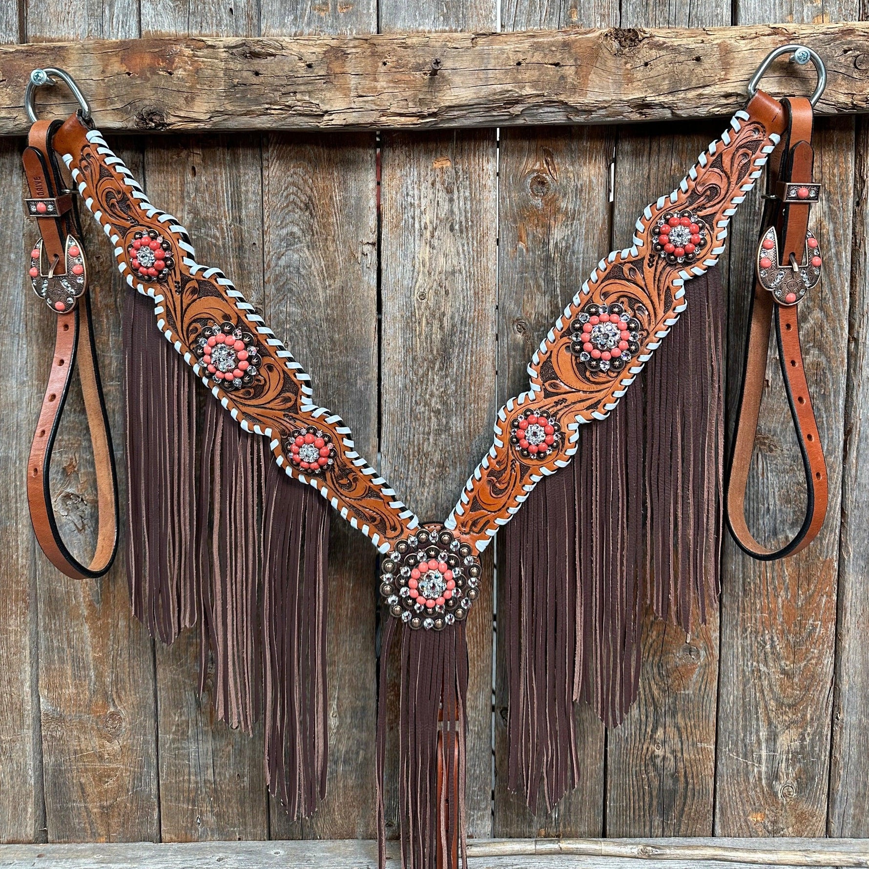 Whipstitch Coral and Clear One Ear/ Breastcollar #OEBC516 - RODEO DRIVE