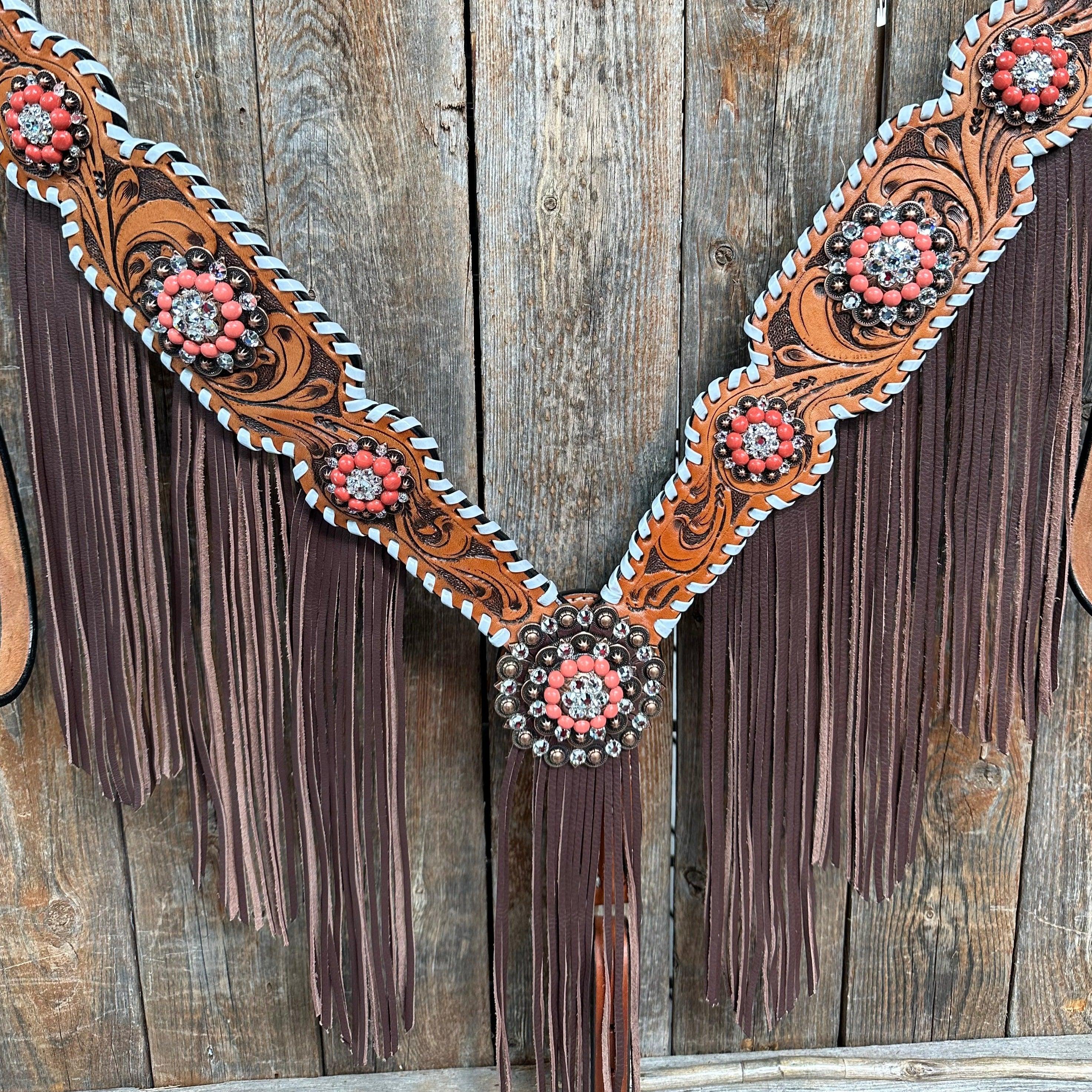 Whipstitch Coral and Clear One Ear/ Breastcollar #OEBC516 - RODEO DRIVE