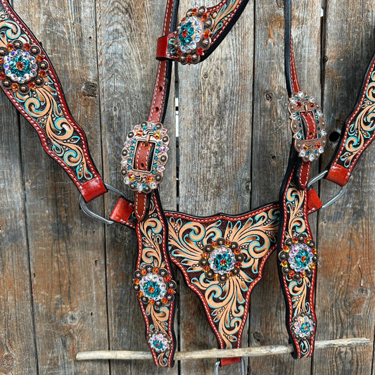 Rust Triangle Fire Opal and Teal One Ear/ Breastcollar #OEBC518 - RODEO DRIVE