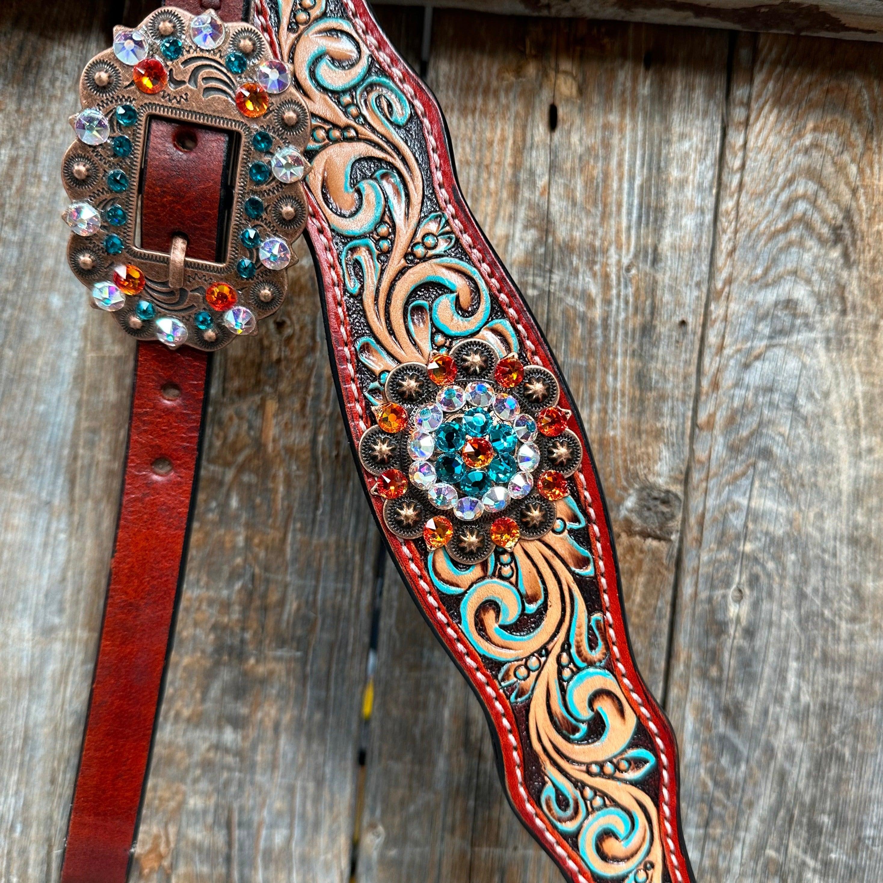 Rust Triangle Fire Opal and Teal One Ear/ Breastcollar #OEBC518 - RODEO DRIVE