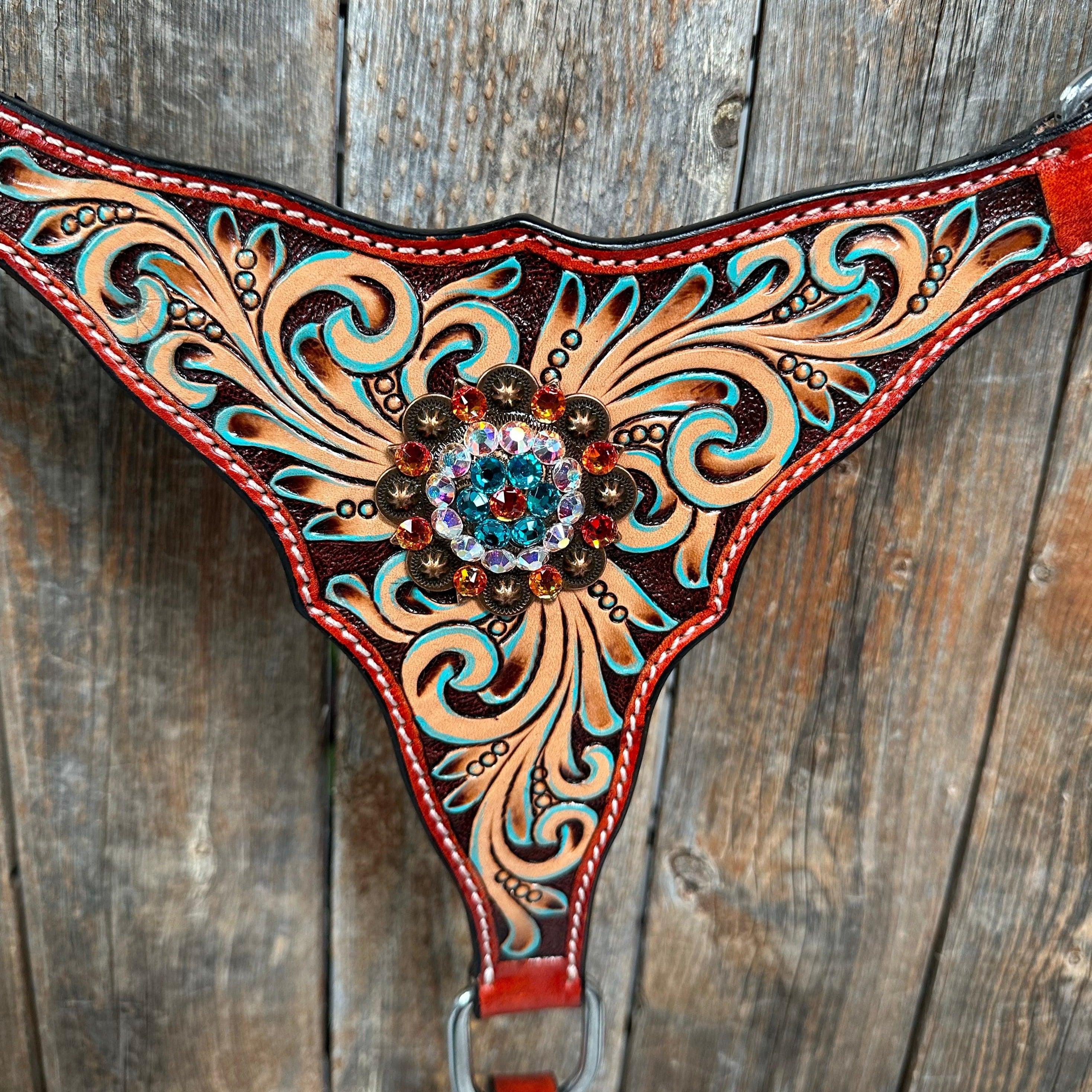 Rust Triangle Fire Opal and Teal One Ear/ Breastcollar #OEBC518 - RODEO DRIVE