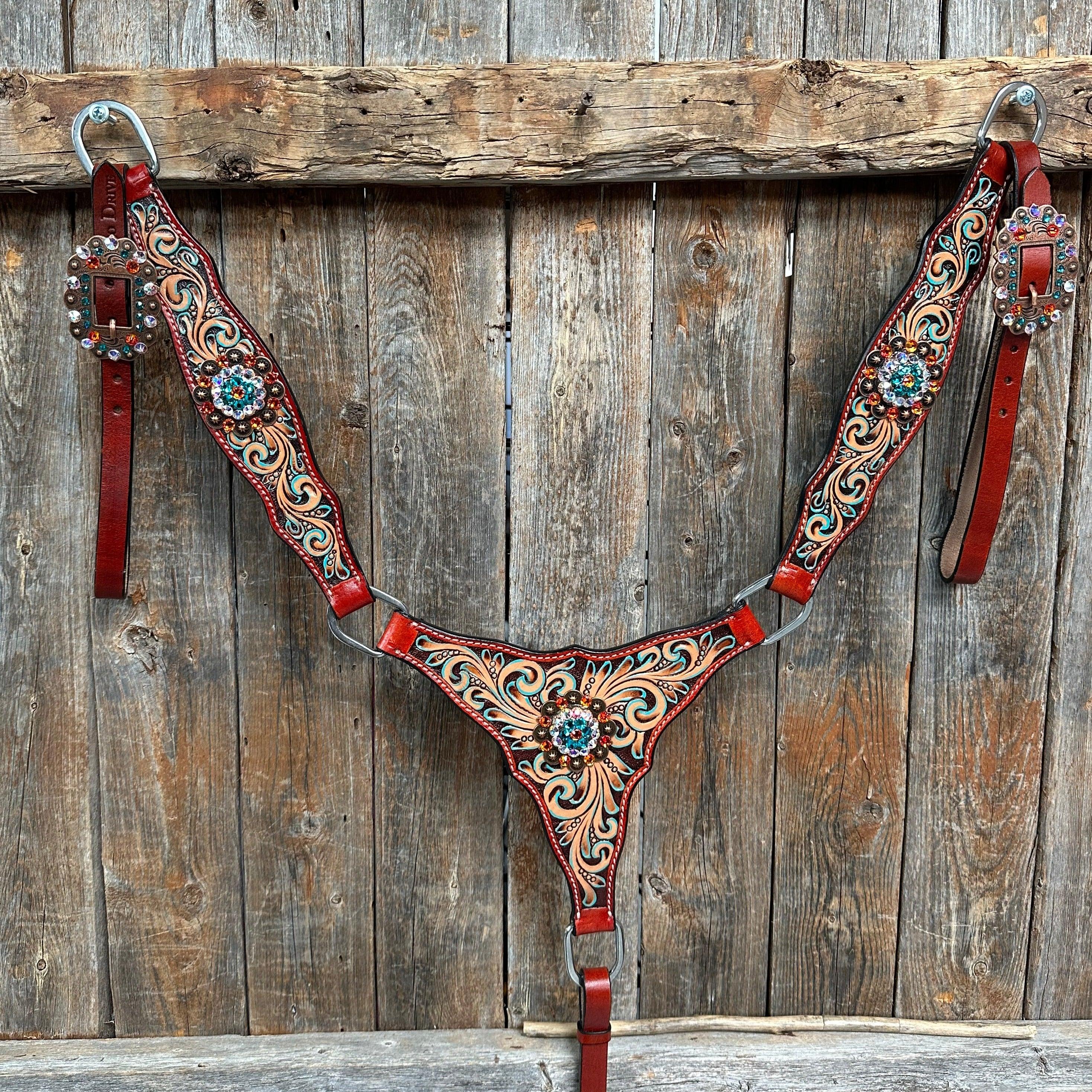 Rust Triangle Fire Opal and Teal One Ear/ Breastcollar #OEBC518 - RODEO DRIVE