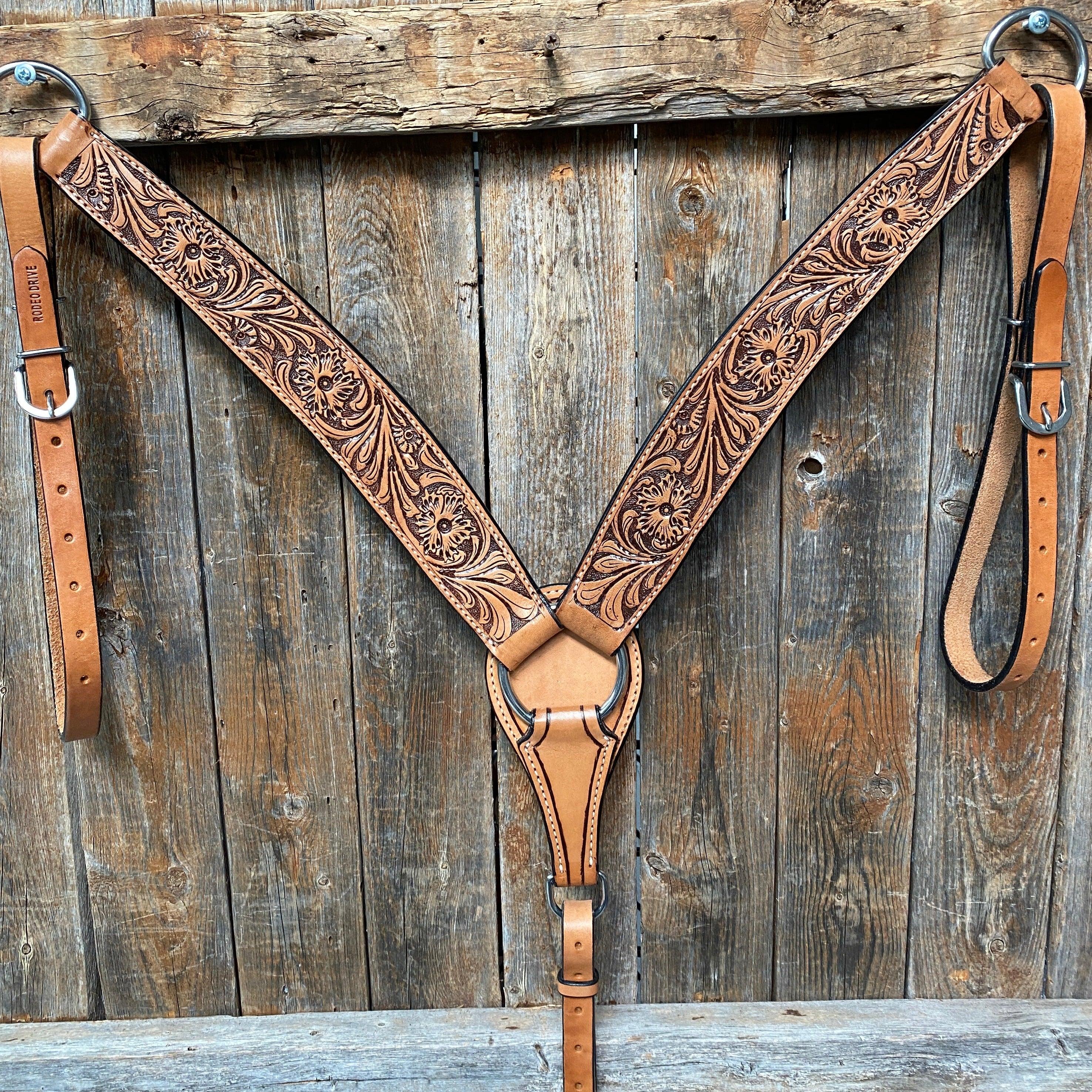 Light Oil Floral Tooled Wide / Roper Style Breastcollar - RODEO DRIVE