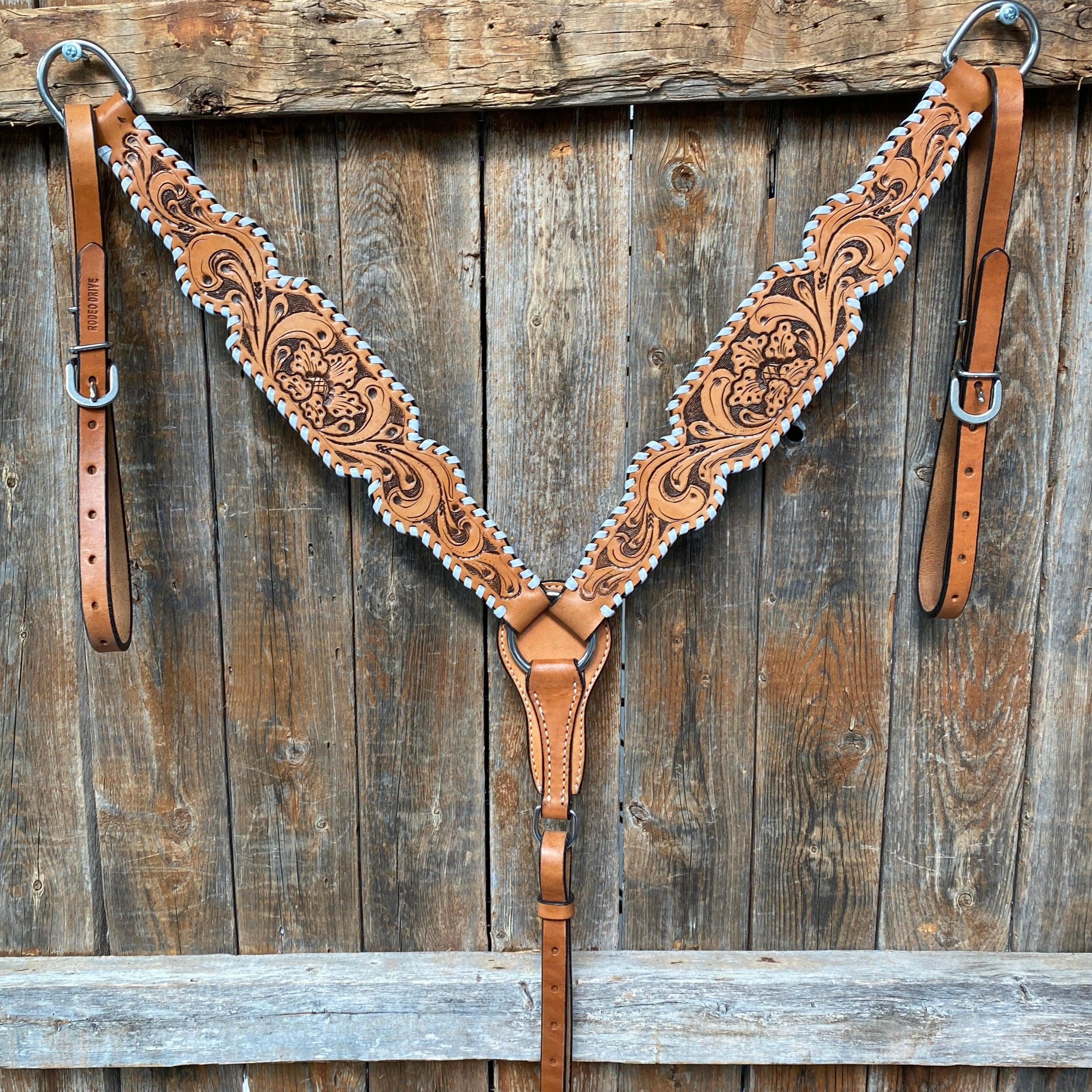 Light Oil Floral Tooled - White Whipstitch Breastcollar - RODEO DRIVE