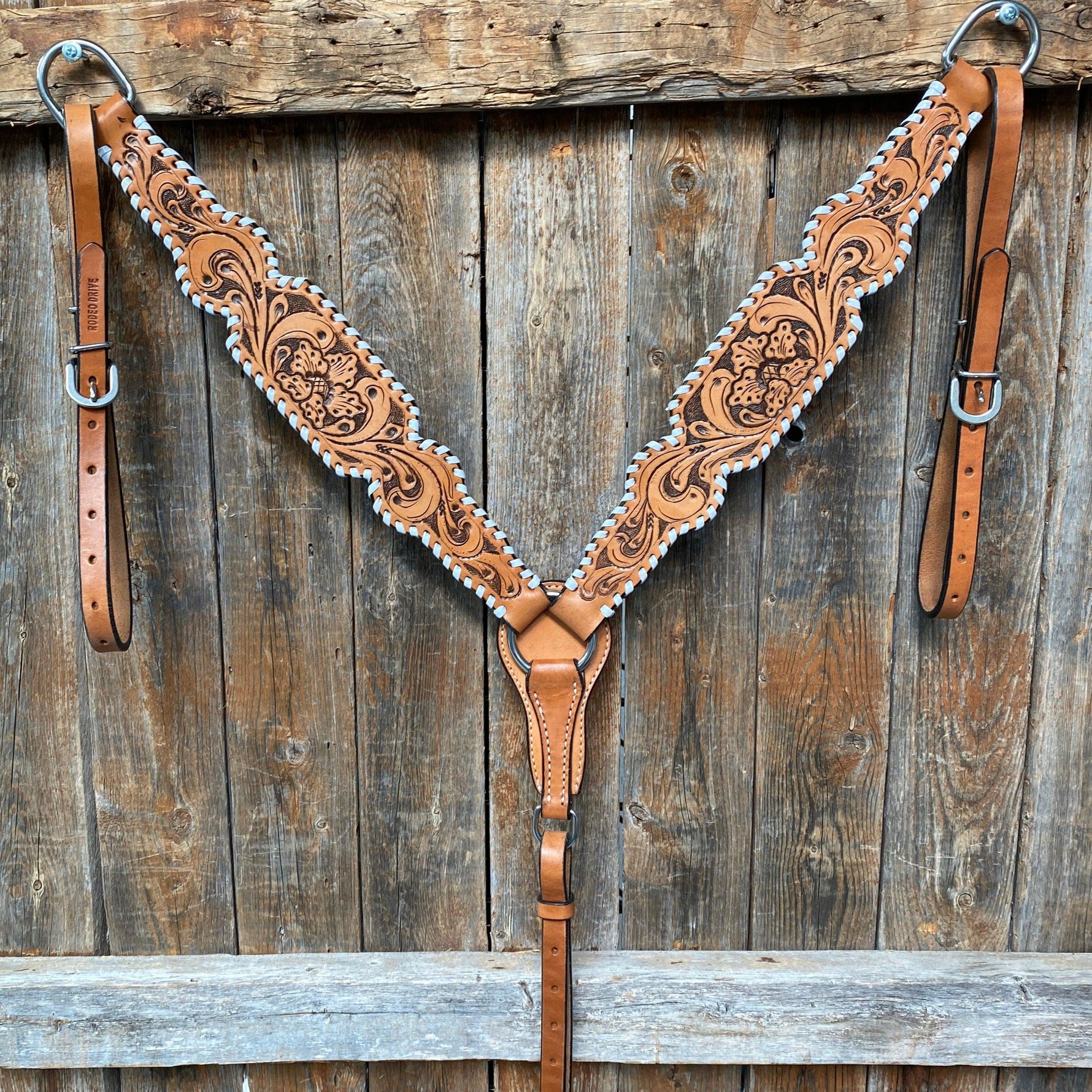 Light Oil Floral Tooled - White Whipstitch Breastcollar - RODEO DRIVE