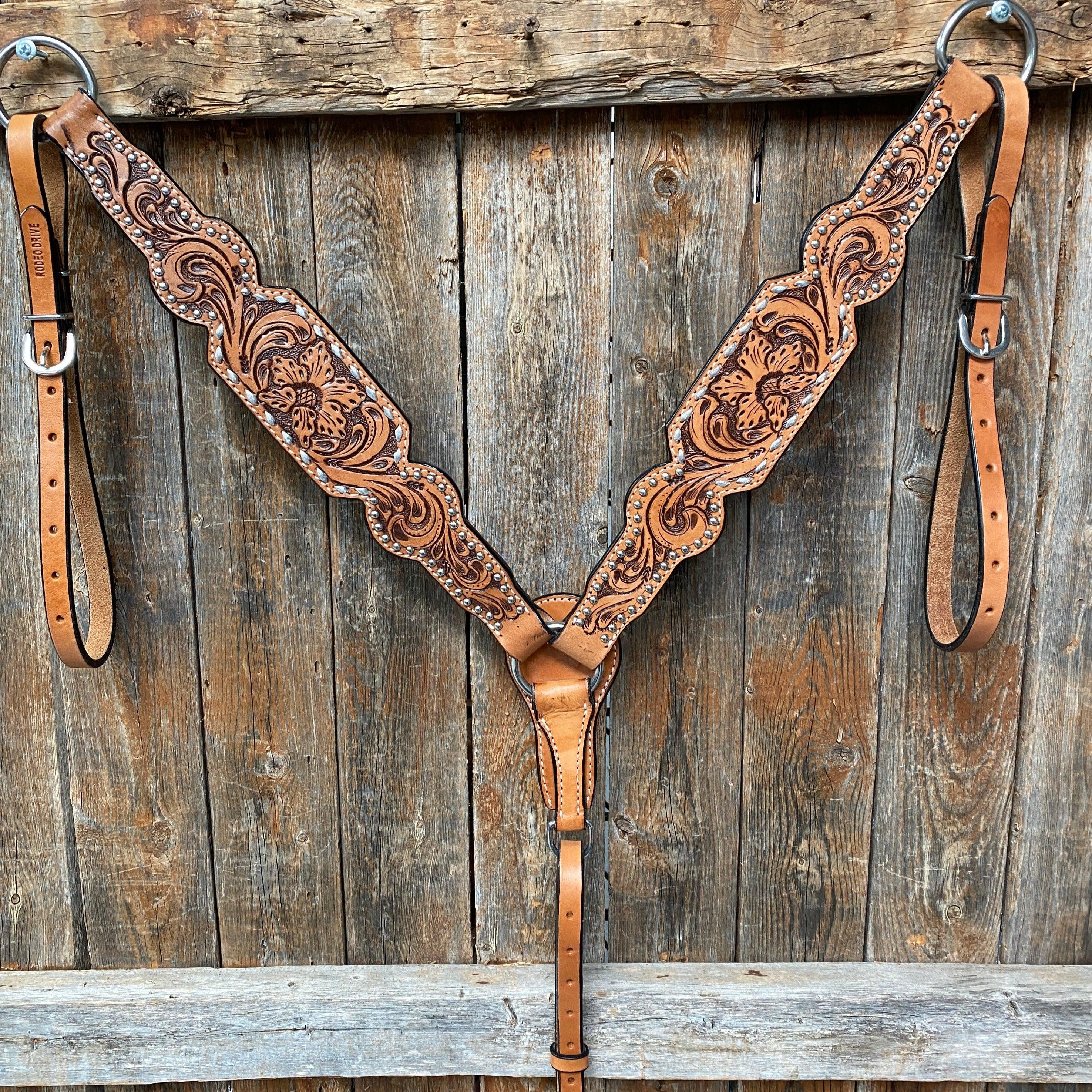 Light Oil Floral Tooled Silver Buckstitching & Dots Breastcollar - RODEO DRIVE