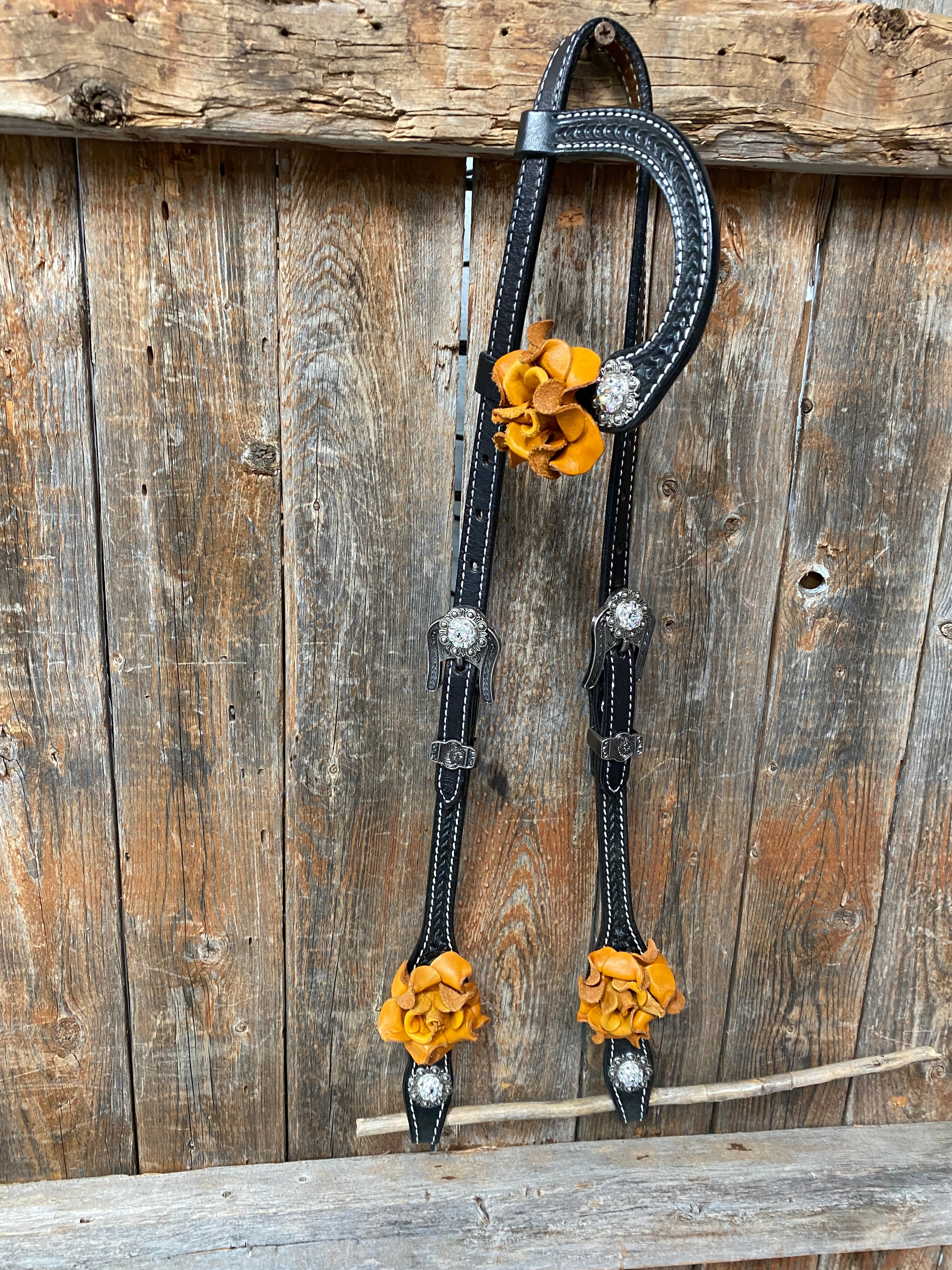 Black Basketweave Yellow and Clear Browband / One Ear Tack Set #BBBC442 - RODEO DRIVE