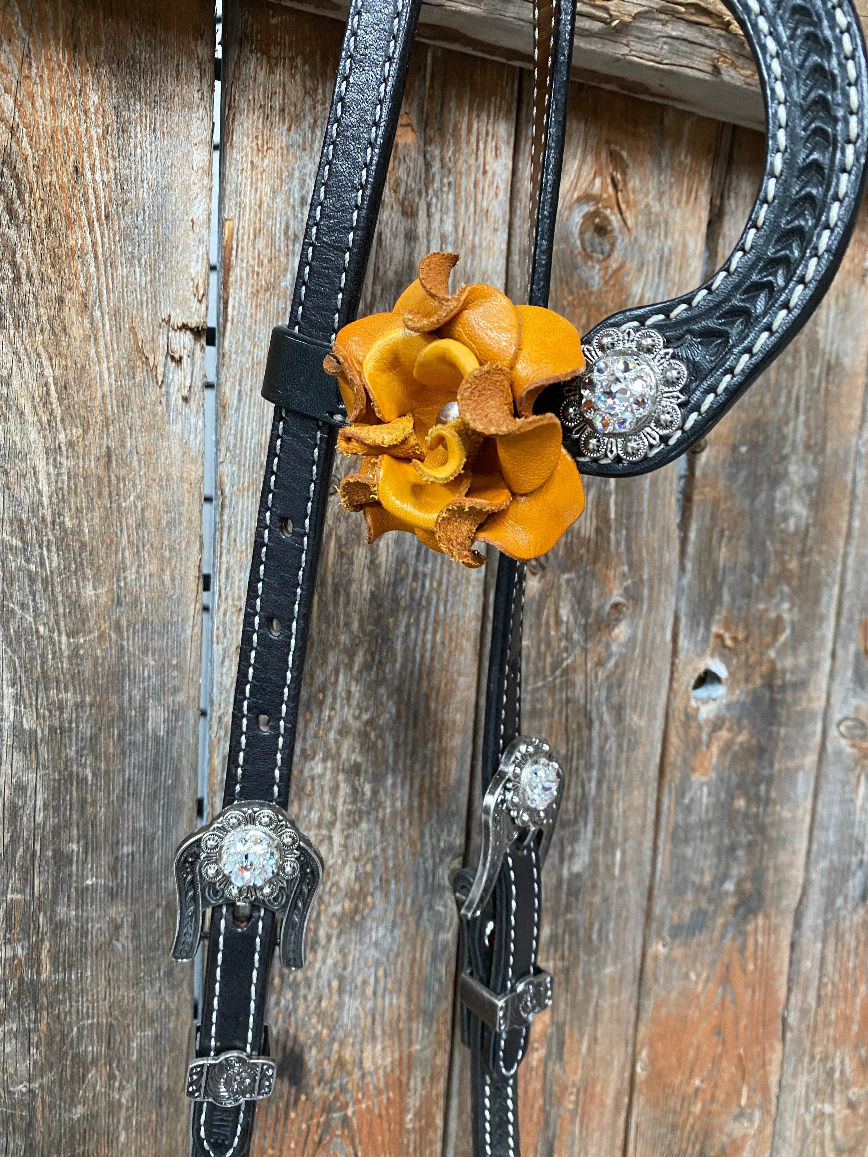 Black Basketweave Yellow and Clear Browband / One Ear Tack Set #BBBC442 - RODEO DRIVE