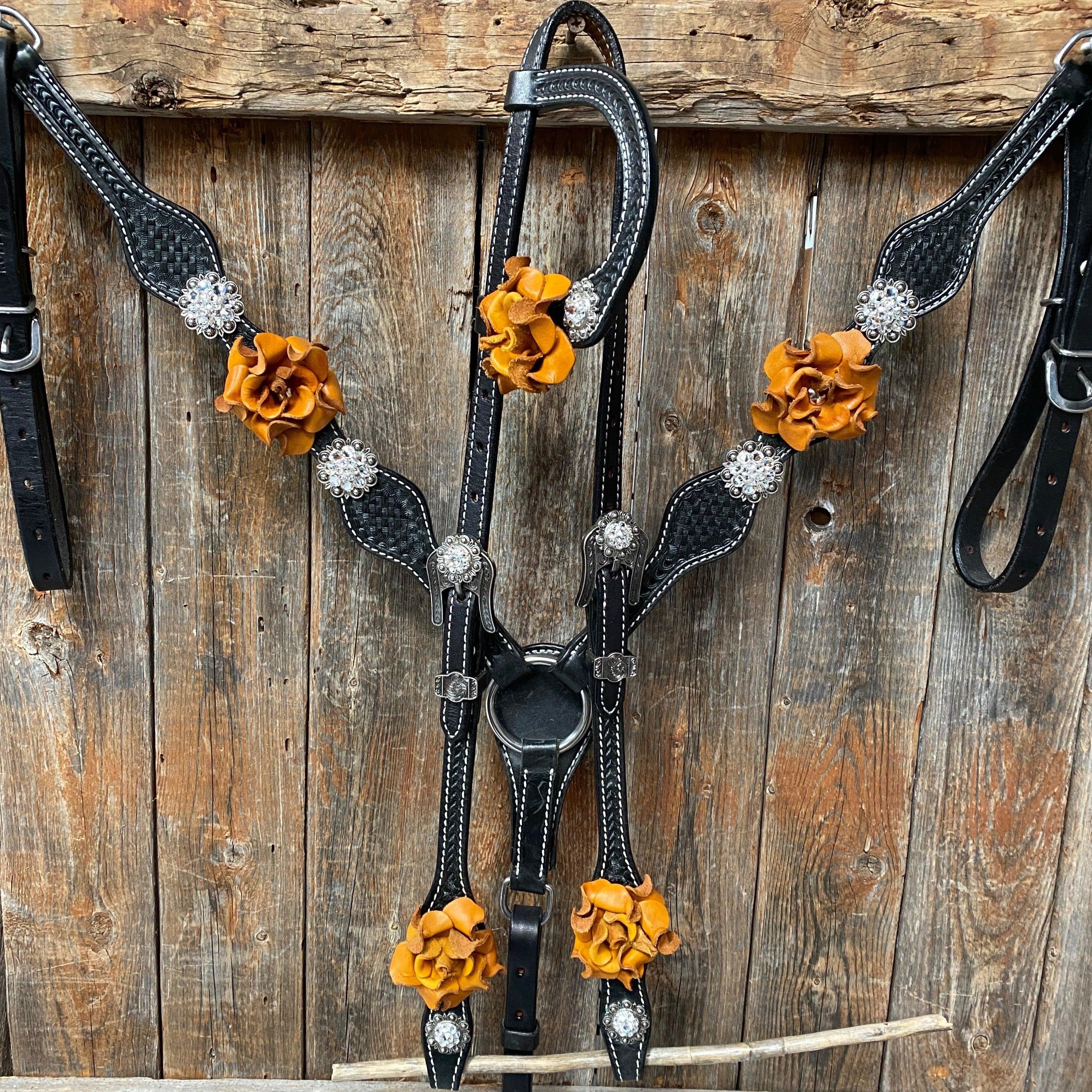 Black Basketweave Yellow and Clear Browband / One Ear Tack Set #BBBC442 - RODEO DRIVE