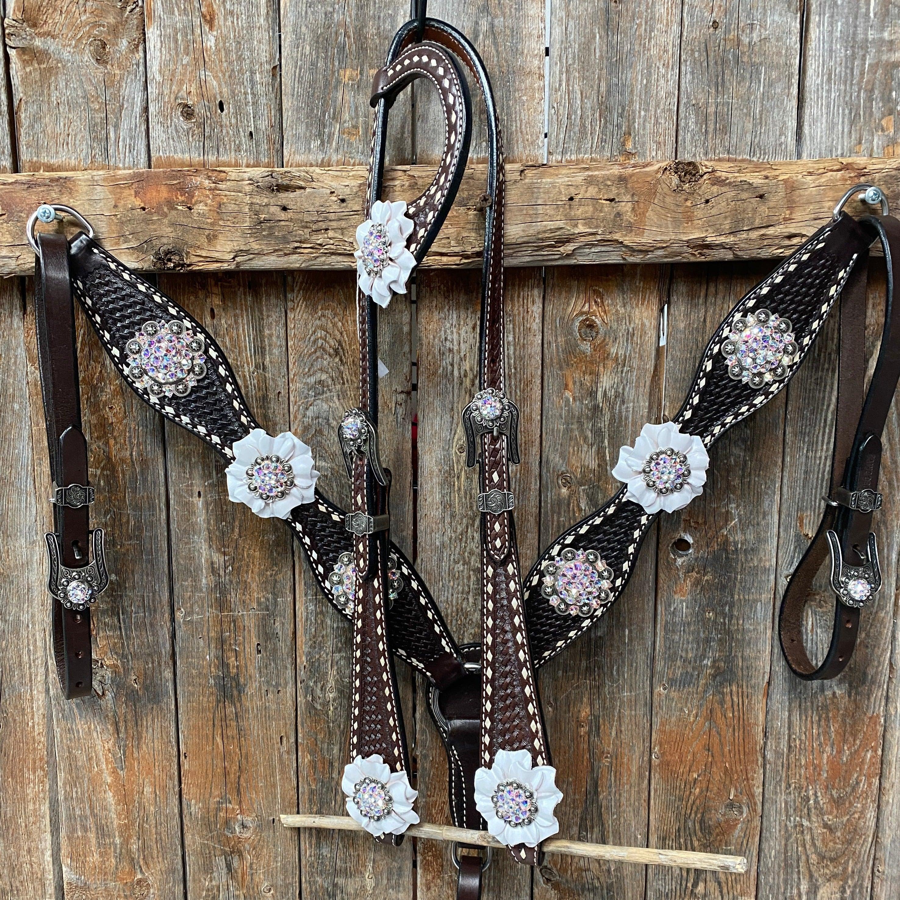 Dark Oil Buckstitch White Floral One Ear & Breastcollar Tack Set #OEBC444 - RODEO DRIVE