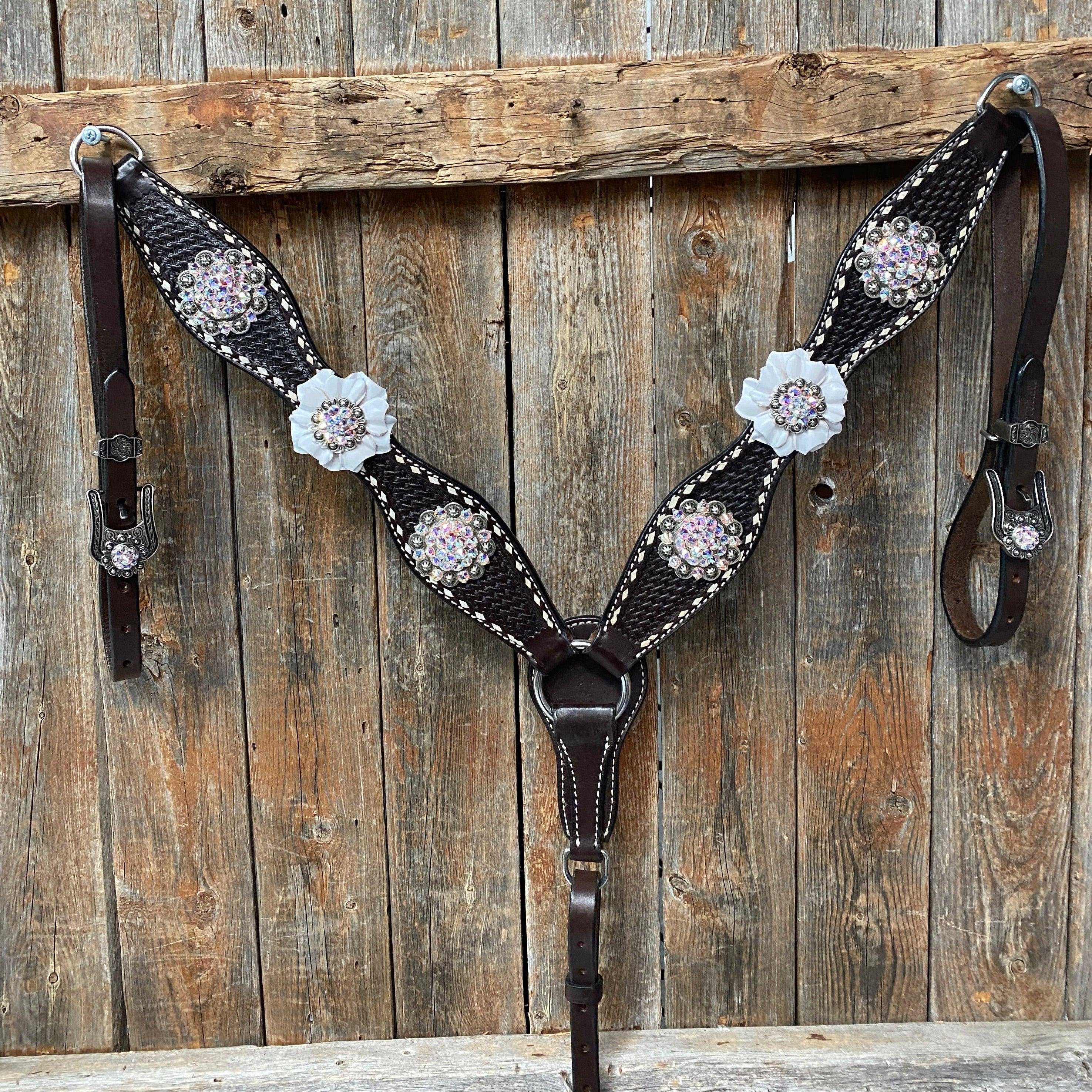 Dark Oil Buckstitch White Floral One Ear & Breastcollar Tack Set #OEBC444 - RODEO DRIVE