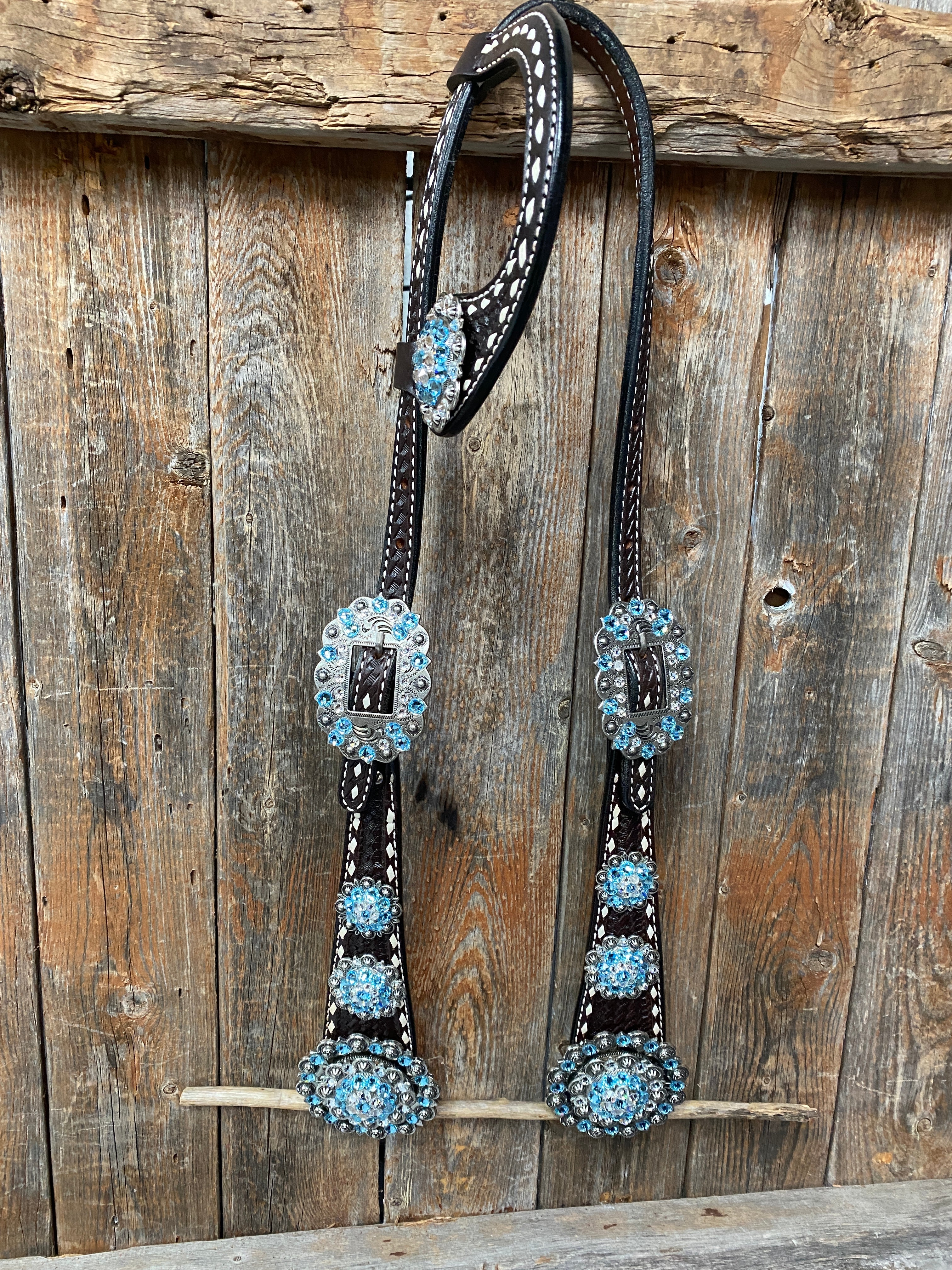 Dark Oil Buckstitch Aqua and Clear One Ear & Breastcollar Tack Set #OEBC439 - RODEO DRIVE