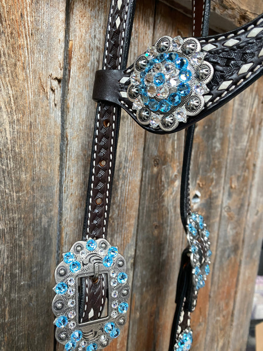 Dark Oil Buckstitch Aqua and Clear One Ear & Breastcollar Tack Set #OEBC439 - RODEO DRIVE