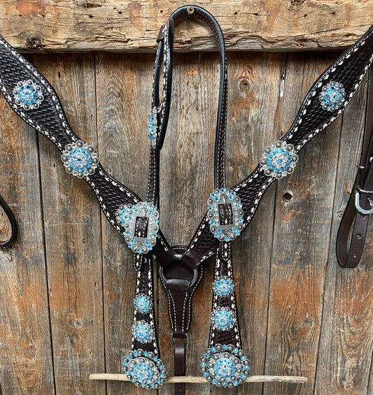 Dark Oil Buckstitch Aqua and Clear One Ear & Breastcollar Tack Set #OEBC439 - RODEO DRIVE