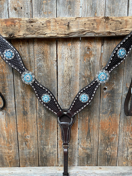 Dark Oil Buckstitch Aqua and Clear One Ear & Breastcollar Tack Set #OEBC439 - RODEO DRIVE