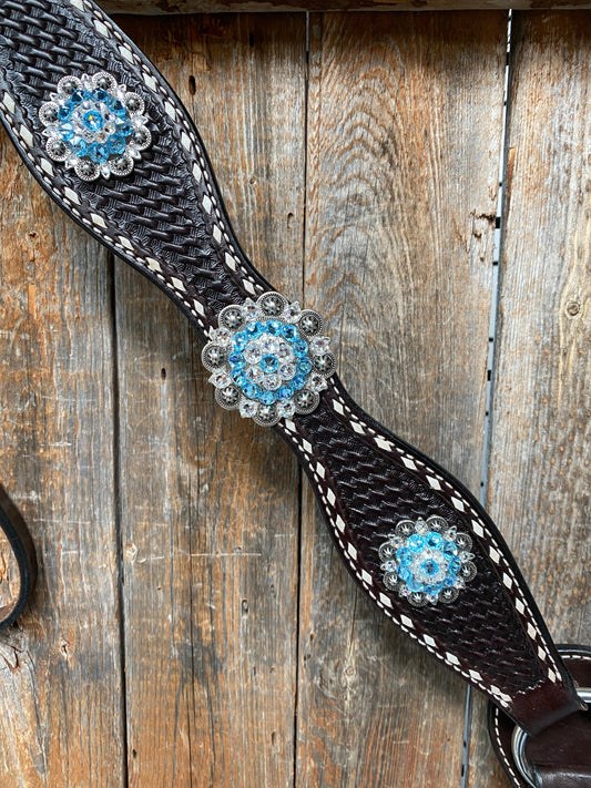 Dark Oil Buckstitch Aqua and Clear One Ear & Breastcollar Tack Set #OEBC439 - RODEO DRIVE