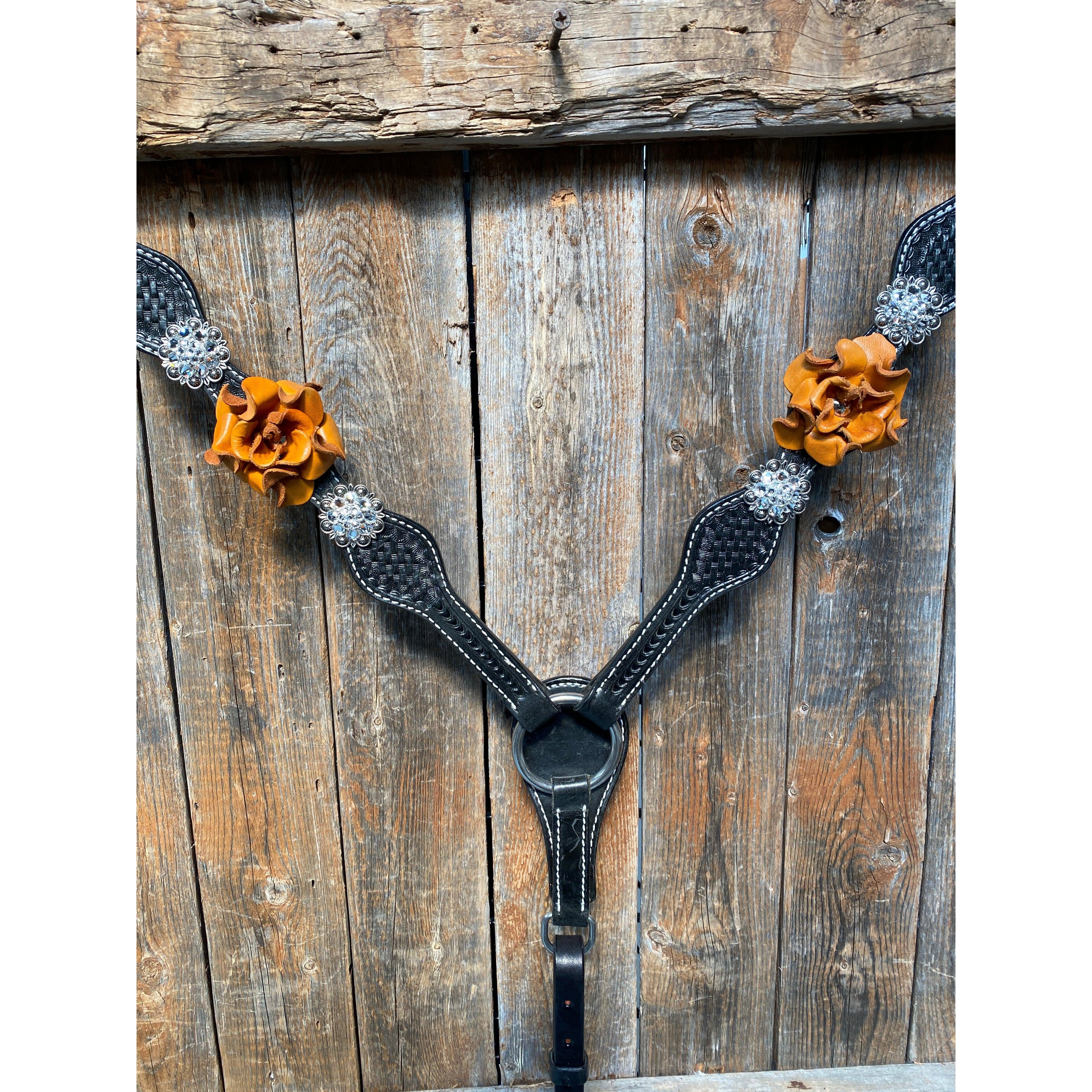 Black Basketweave Yellow and Clear Browband / One Ear Tack Set #BBBC442 - RODEO DRIVE