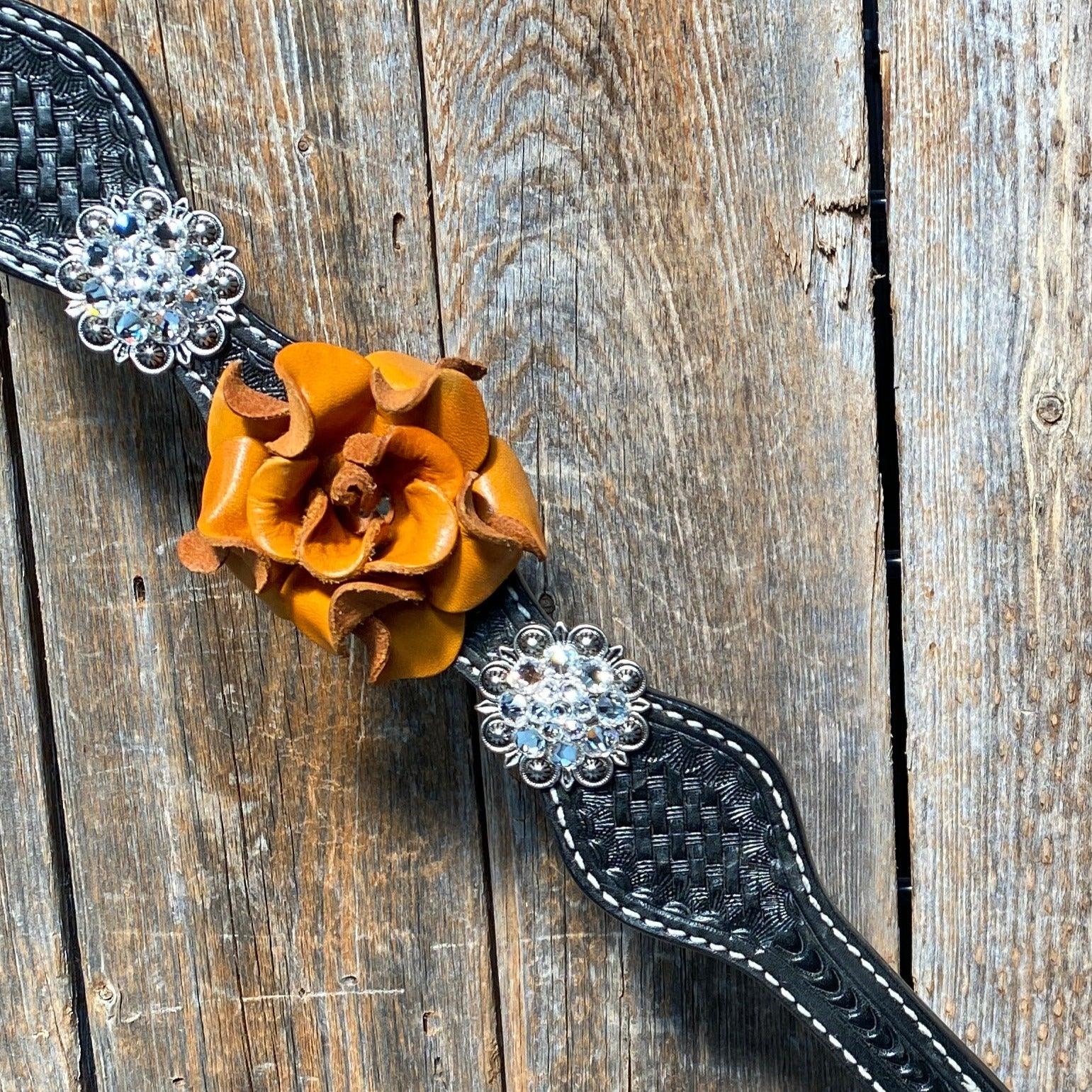 Black Basketweave Yellow and Clear Browband / One Ear Tack Set #BBBC442 - RODEO DRIVE