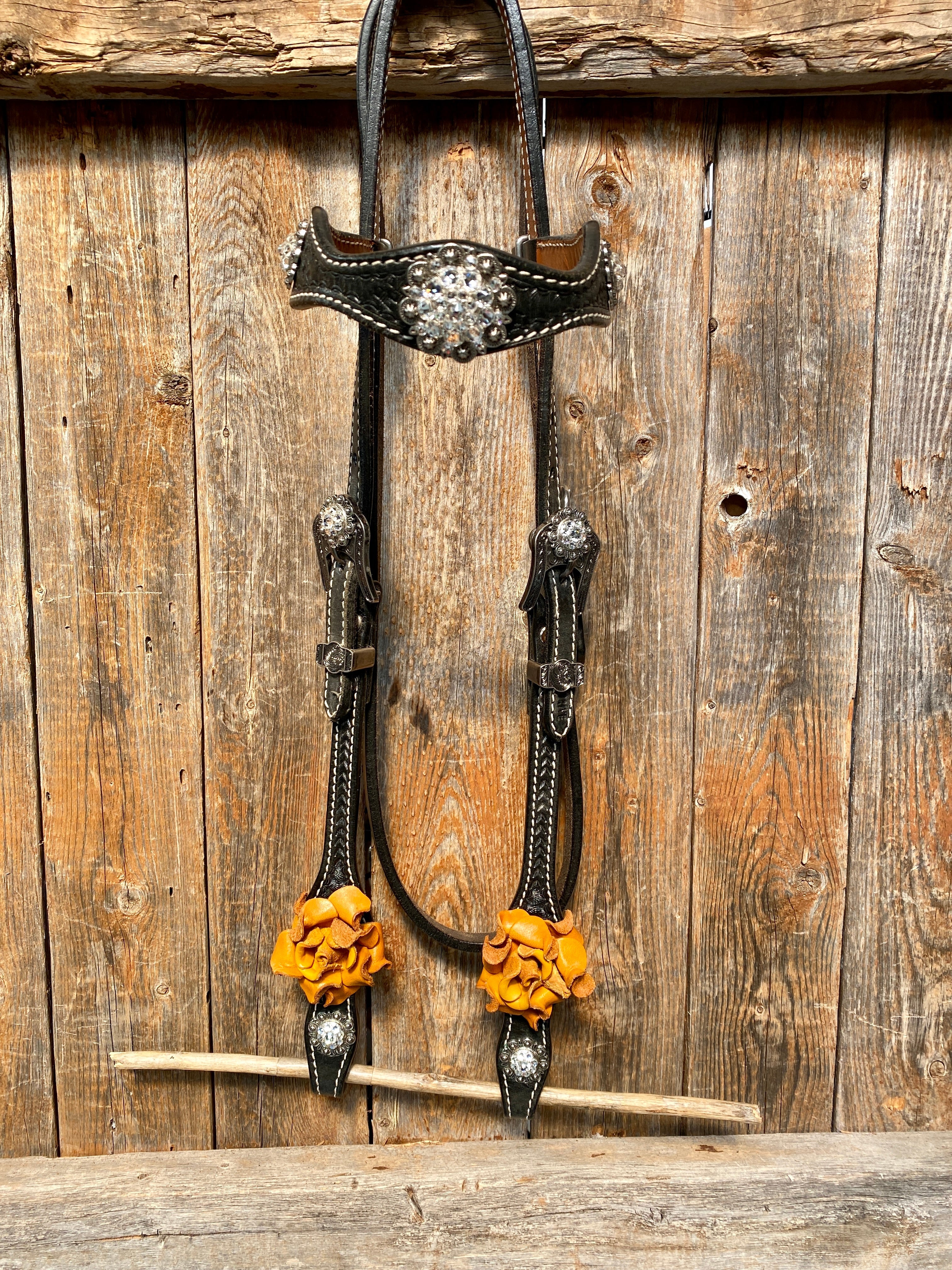 Black Basketweave Yellow and Clear Browband / One Ear Tack Set #BBBC442 - RODEO DRIVE
