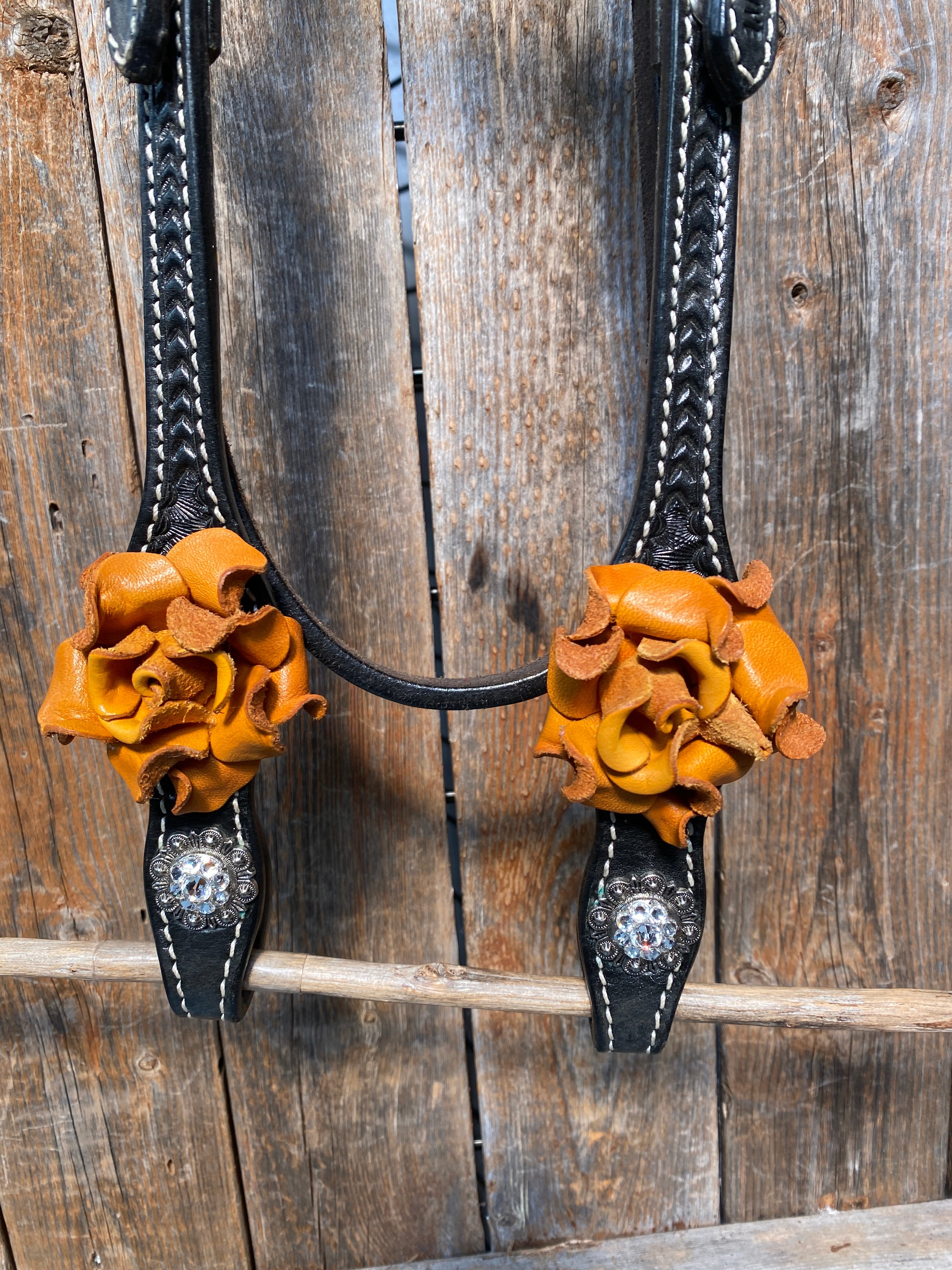 Black Basketweave Yellow and Clear Browband / One Ear Tack Set #BBBC442 - RODEO DRIVE