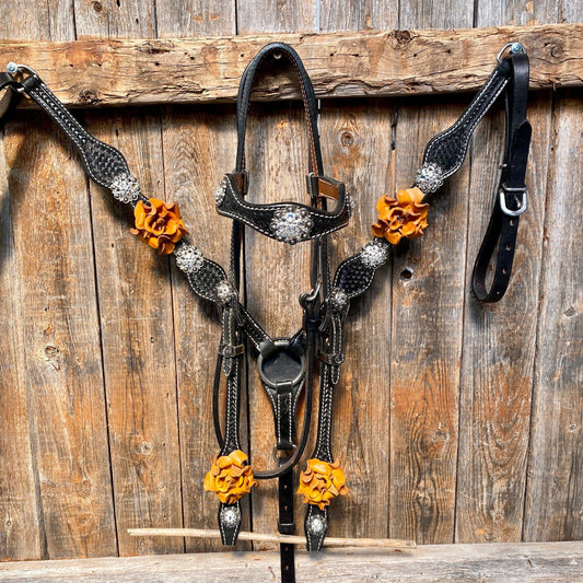 Black Basketweave Yellow and Clear Browband / One Ear Tack Set #BBBC442 - RODEO DRIVE