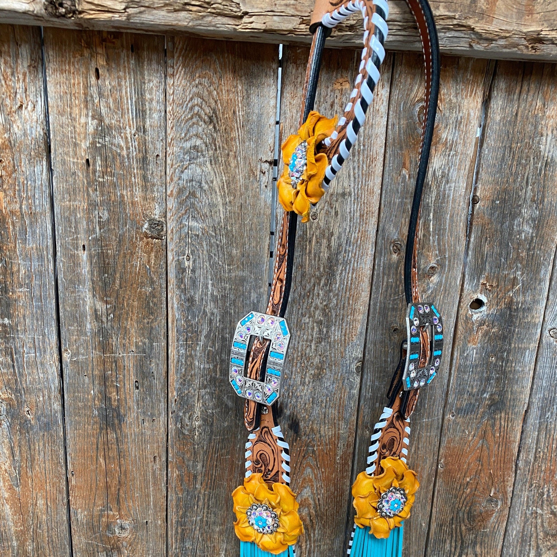 White Whipstitch Yellow and Turquoise Browband/One Ear Headstall & Breastcollar Tack Set #OEBC411 - RODEO DRIVE