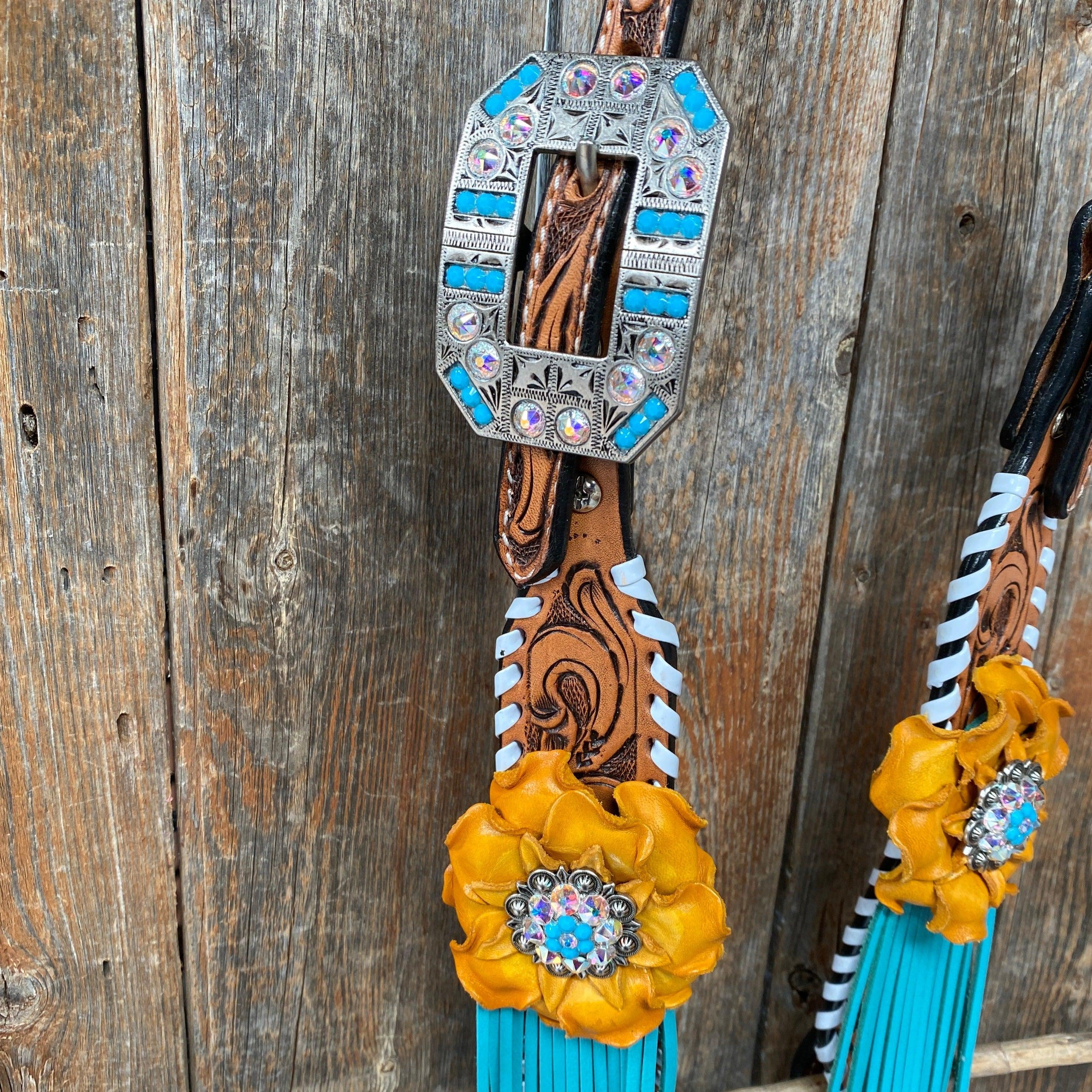 White Whipstitch Yellow and Turquoise Browband/One Ear Headstall & Breastcollar Tack Set #OEBC411 - RODEO DRIVE