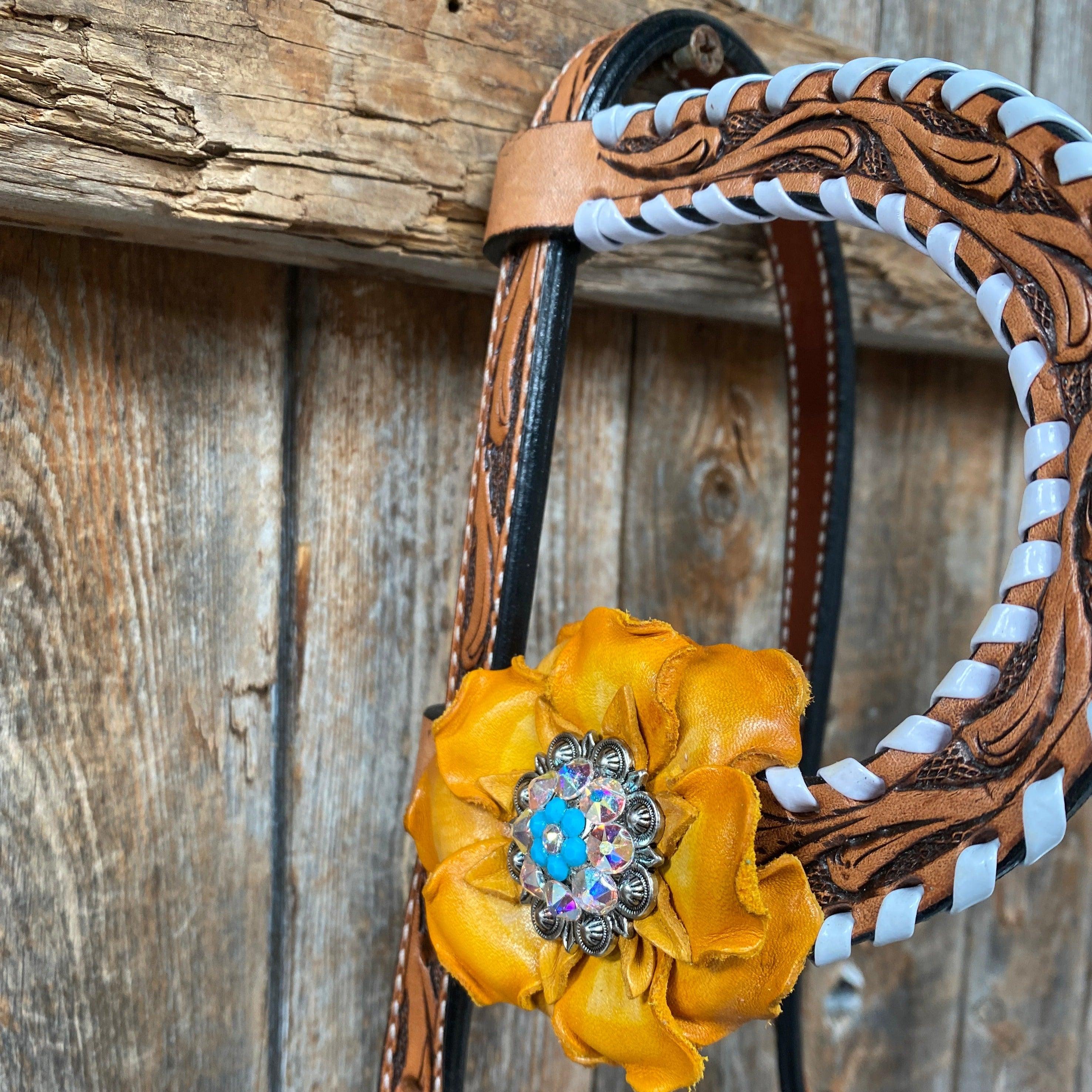 White Whipstitch Yellow and Turquoise Browband/One Ear Headstall & Breastcollar Tack Set #OEBC411 - RODEO DRIVE