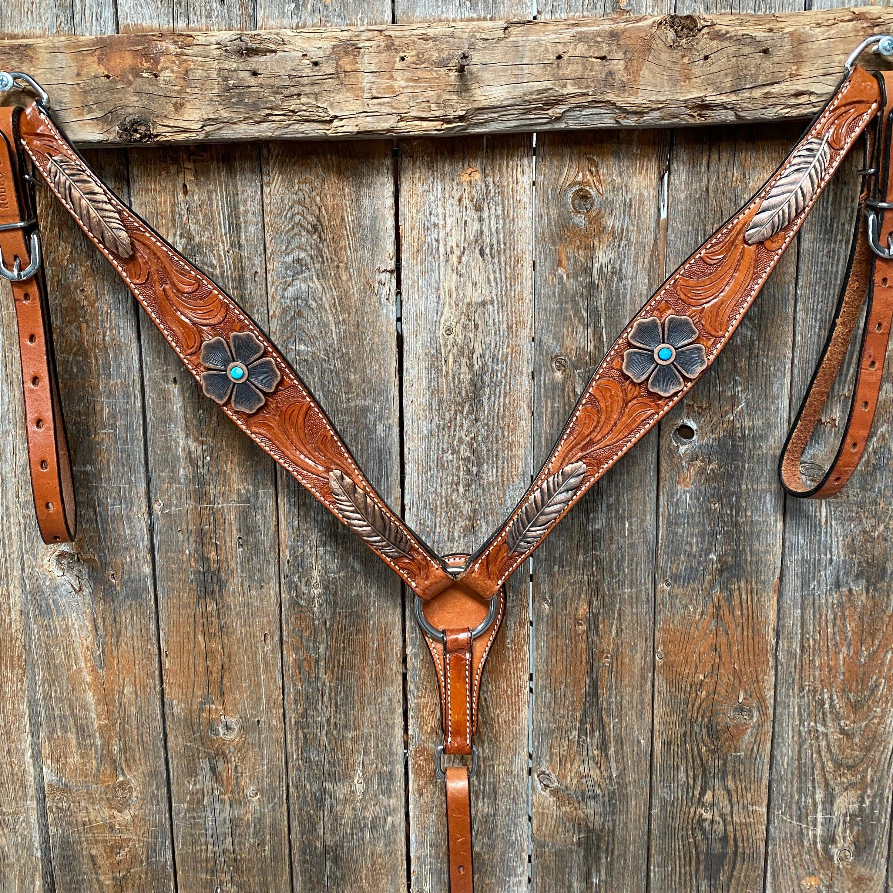 Light Oil Floral Tooled Feather and Flower Breastcollar#BC1052 - RODEO DRIVE