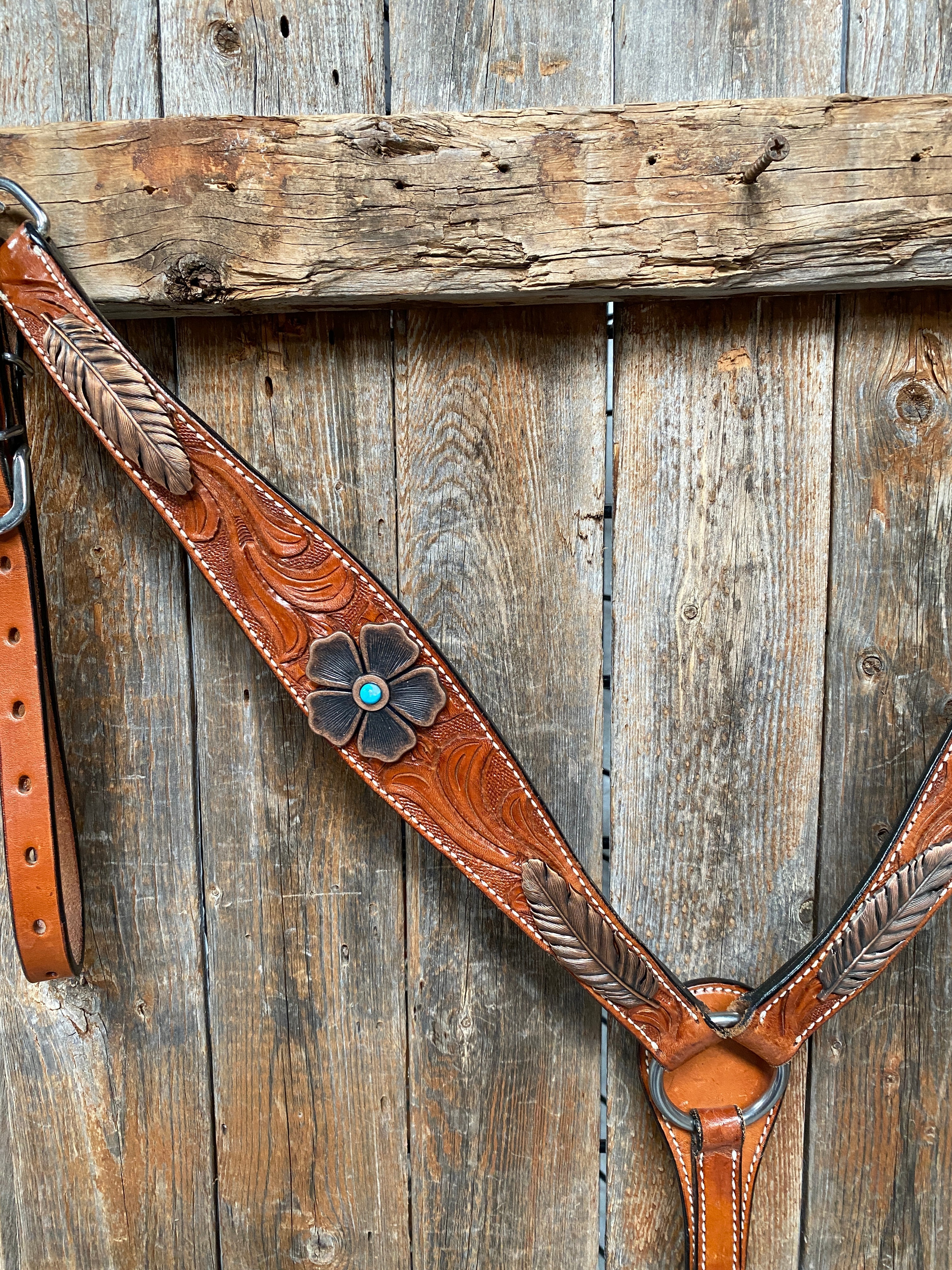 Light Oil Floral Tooled Feather and Flower Breastcollar#BC1052 - RODEO DRIVE