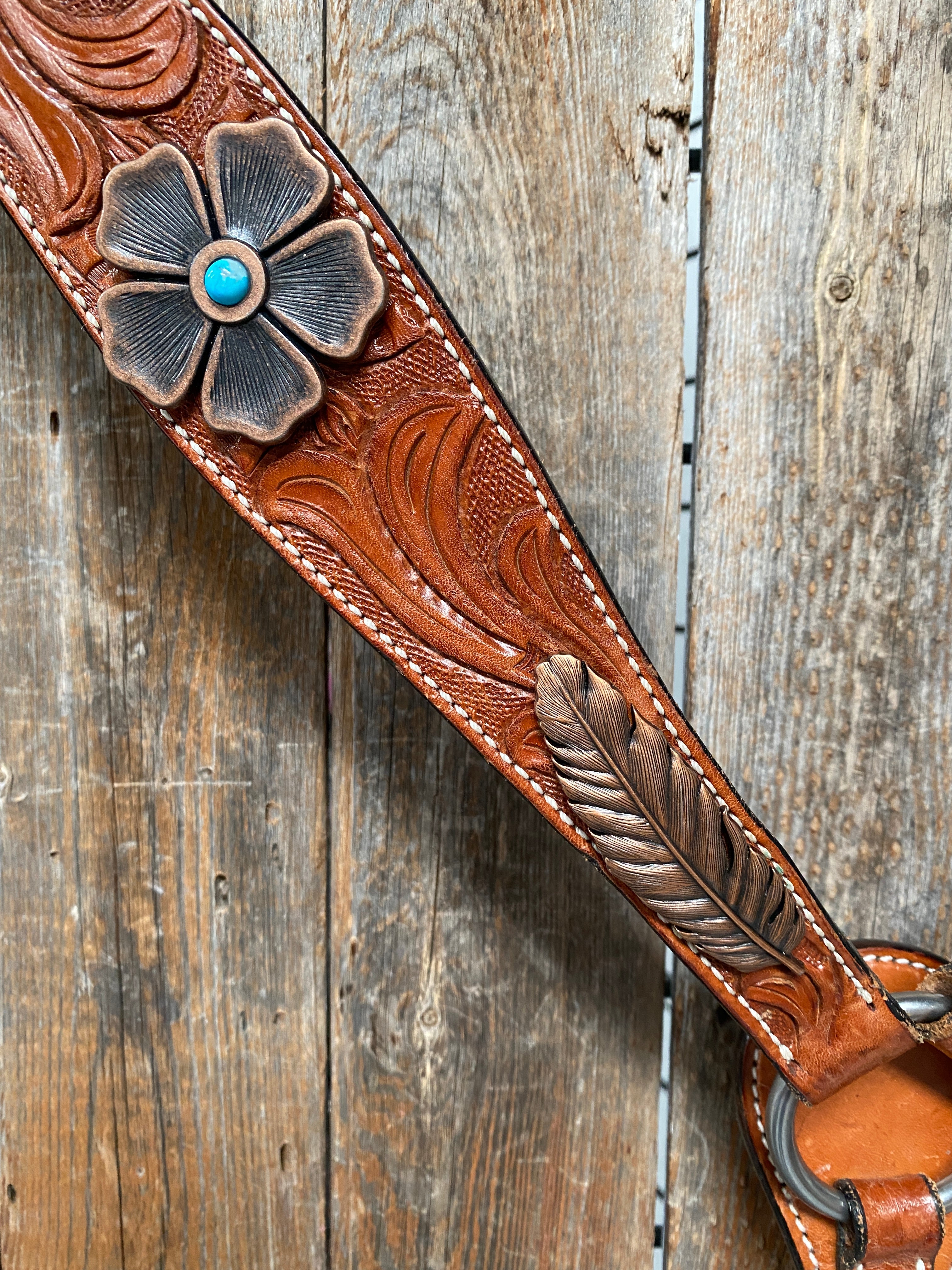 Light Oil Floral Tooled Feather and Flower Breastcollar#BC1052 - RODEO DRIVE