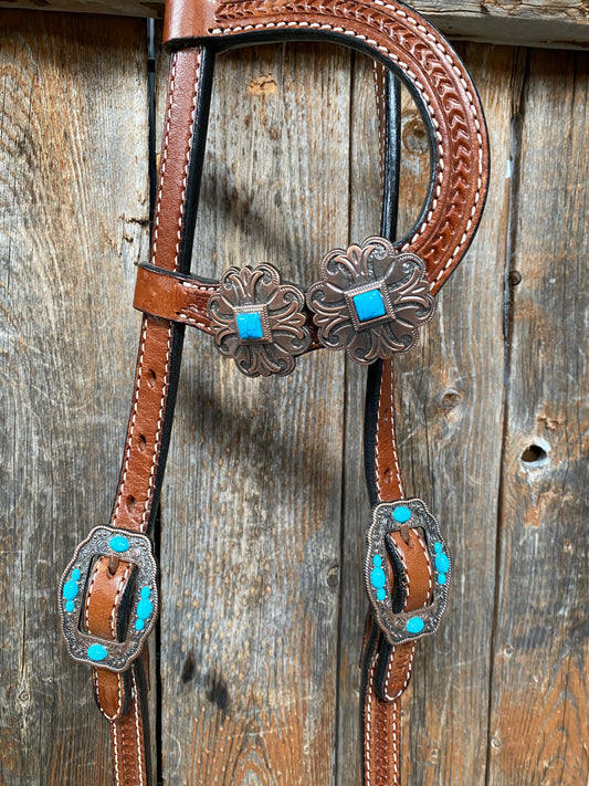 Medium Basketweave Turquoise One Ear & Breastcollar #OEBC445 - RODEO DRIVE