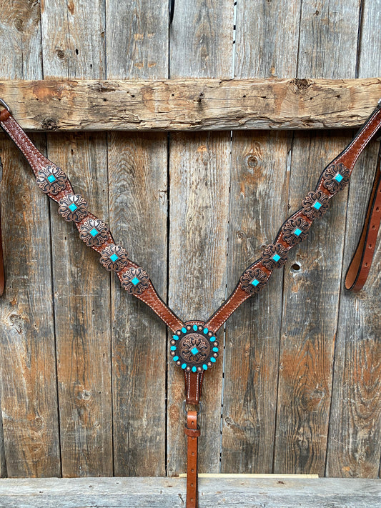 Medium Basketweave Turquoise One Ear & Breastcollar #OEBC445 - RODEO DRIVE