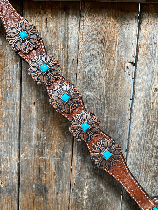 Medium Basketweave Turquoise One Ear & Breastcollar #OEBC445 - RODEO DRIVE