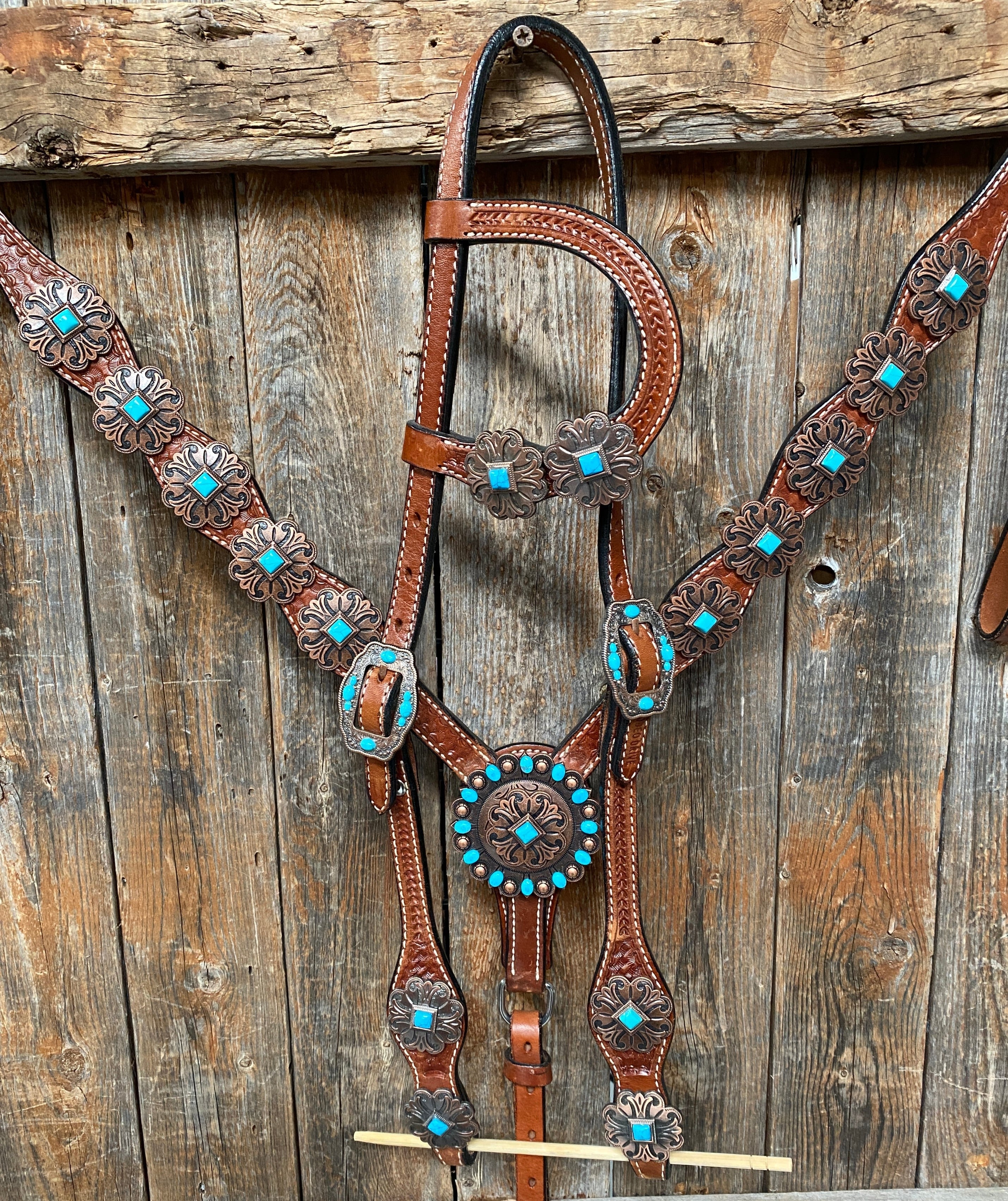 Medium Basketweave Turquoise One Ear & Breastcollar #OEBC445 - RODEO DRIVE