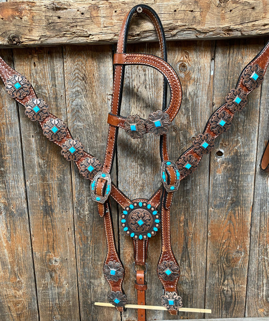 Medium Basketweave Turquoise One Ear & Breastcollar #OEBC445 - RODEO DRIVE