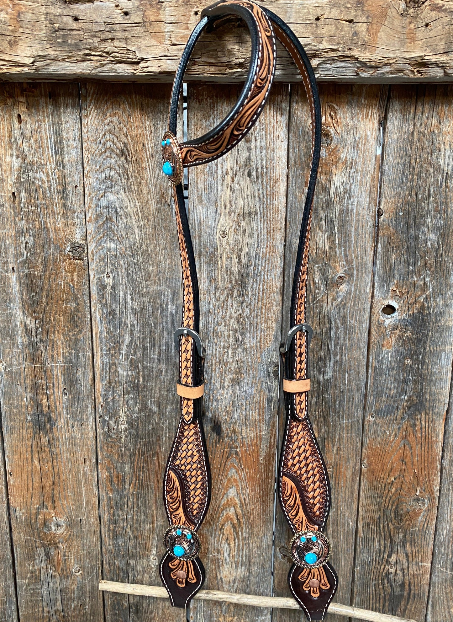 Brown Leaf Scalloped Turquoise Blossom One Ear Headstall #OE313 - RODEO DRIVE