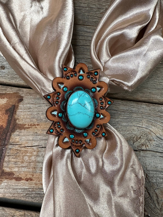 Leather Rosette with Turquoise Cabochon Wild Rag Slide #WRSR110TQ - RODEO DRIVE