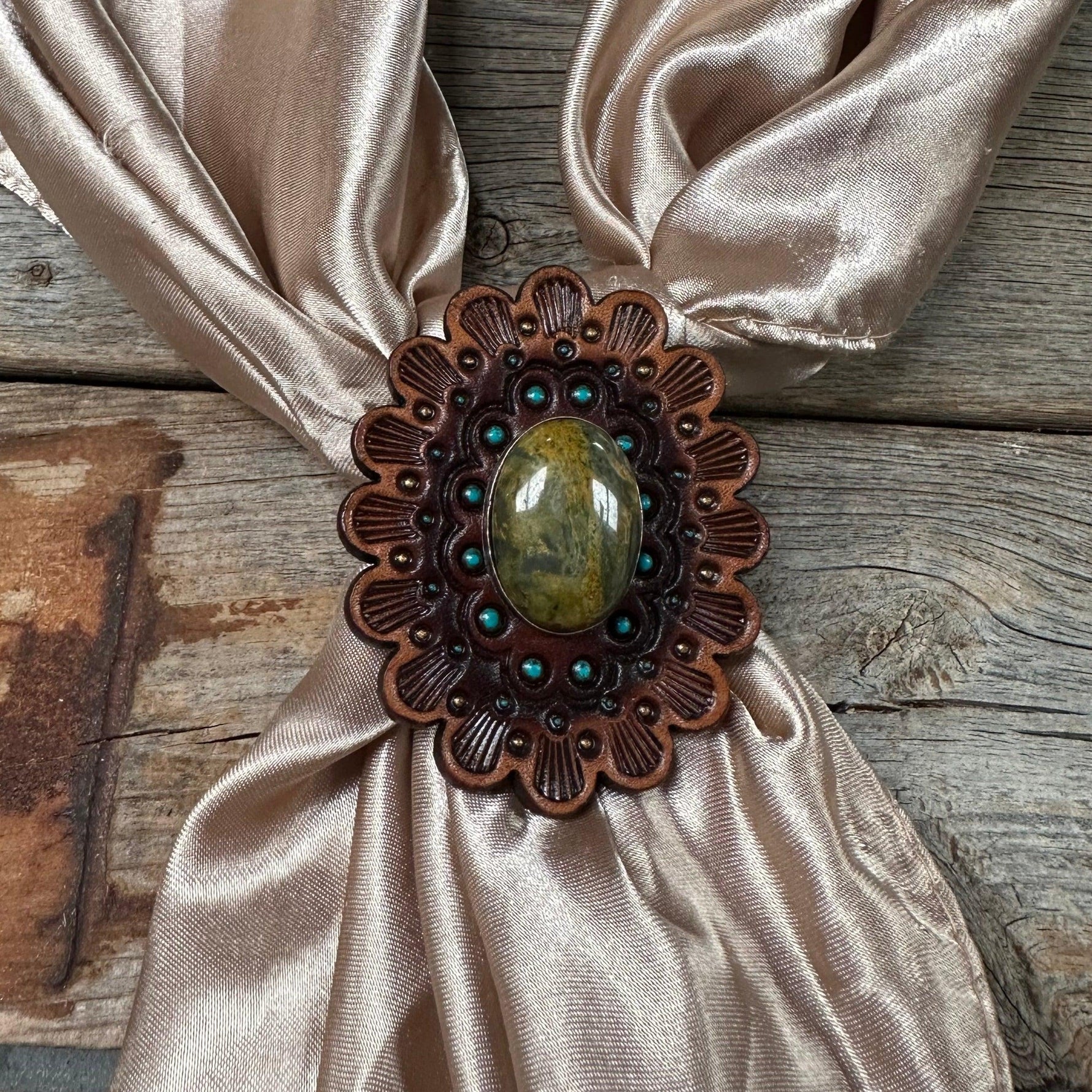 Leather Rosette with Sage Cabochon Wild Rag Slide #WRSR107SG - RODEO DRIVE