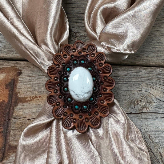 Leather Rosette with White Cabochon Wild Rag Slide #WRSR107WT - RODEO DRIVE