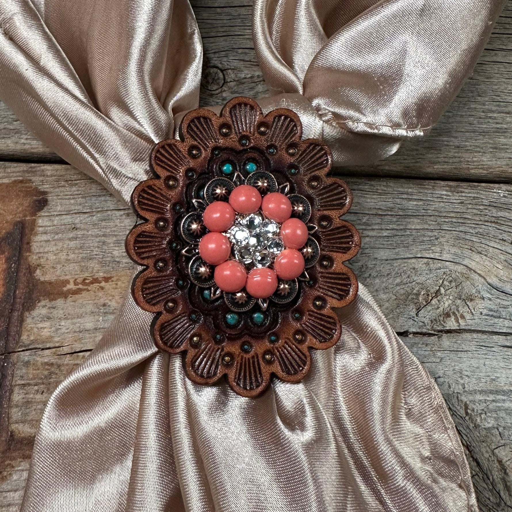 Leather Rosette with Copper Coral/Clear Wild Rag Slide #SR107COCOCL - RODEO DRIVE