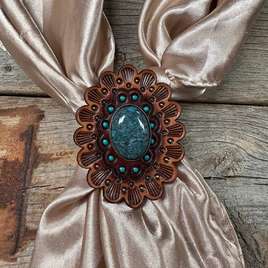Leather Rosette with Blue Cabochon Wild Rag Slide #WRSR107BL - RODEO DRIVE