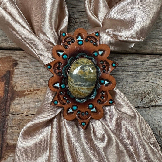 Leather Rosette with Sage Cabochon Wild Rag Slide #WRSR110SG - RODEO DRIVE