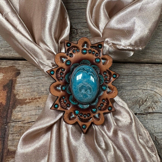 Leather Rosette with Blue Cabochon Wild Rag Slide #WRSR110BL - RODEO DRIVE