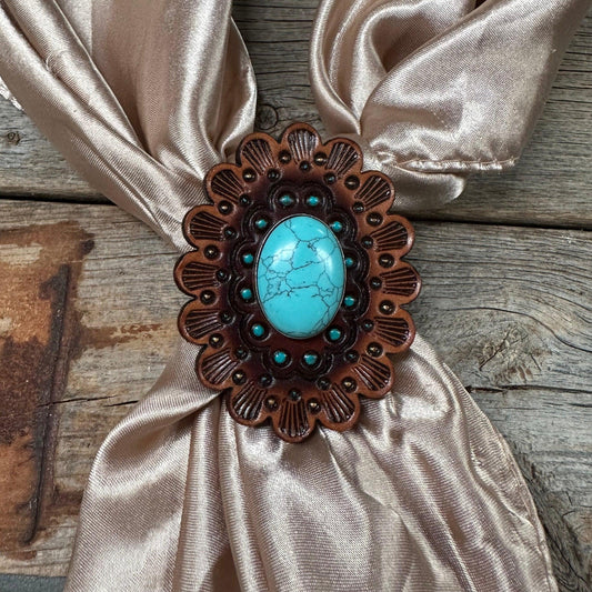 Leather Rosette with Turquoise Cabochon Wild Rag Slide #WRSR107TQ - RODEO DRIVE