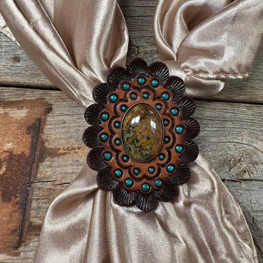 Leather Rosette with Sage Cabochon Wild Rag Slide #WRSR104SG - RODEO DRIVE