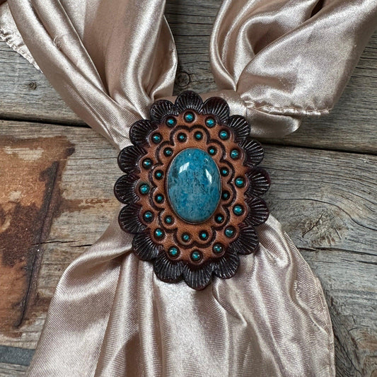 Leather Rosette with Blue Cabochon Wild Rag Slide #WRSR104BL - RODEO DRIVE
